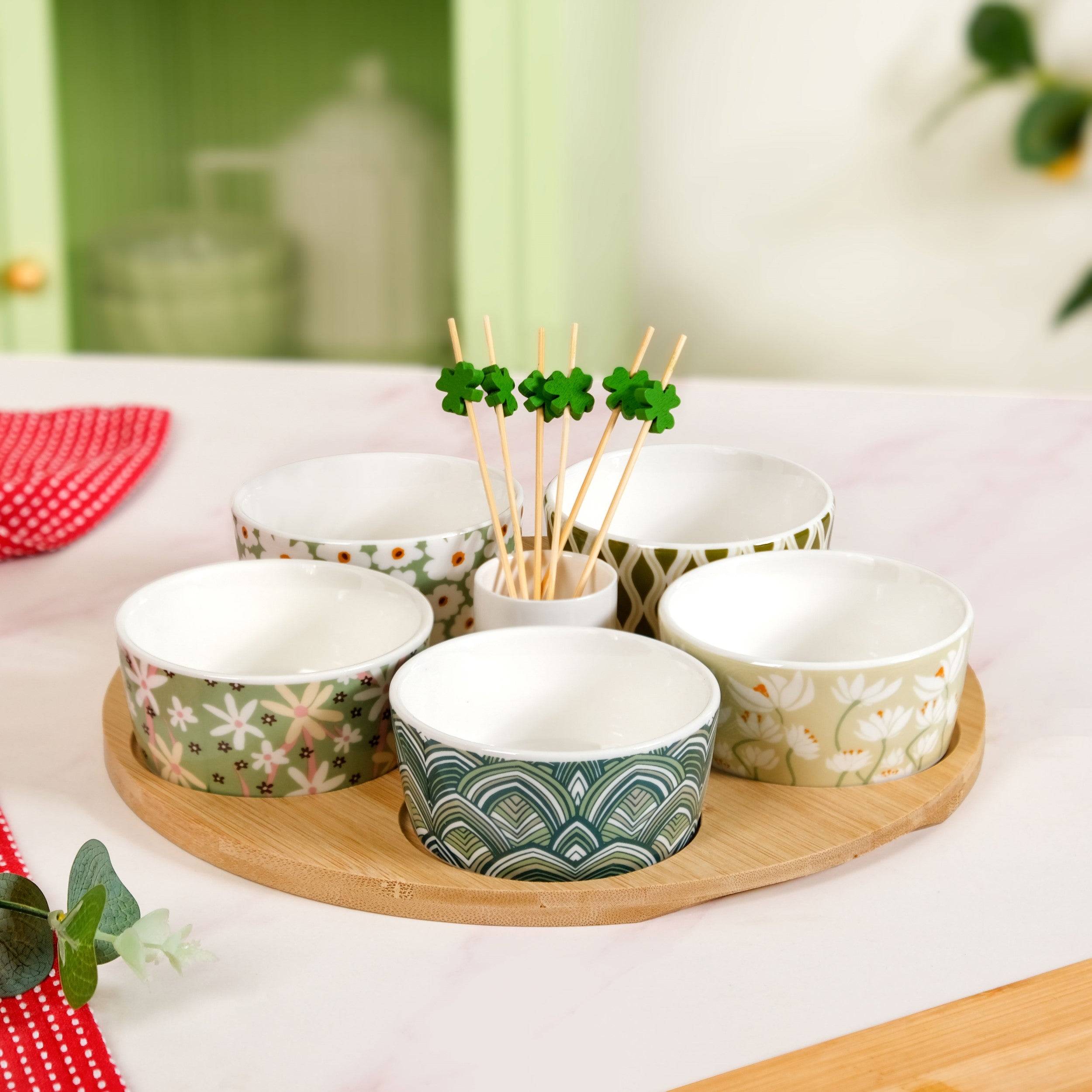 Sage Scape 5 Snack Bowls With Tray And Toothpick Set