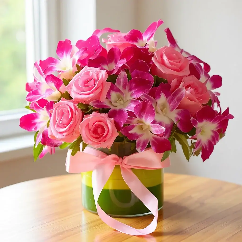 Purple Orchids & Pink Roses in a Vase
