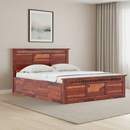 Fidora Solid Wood King Size Hydraulic Storage Bed In Honey Finish
