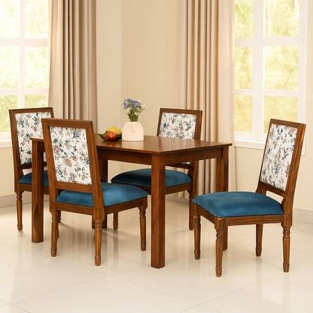 Globally Indian Sheesham Wood 4 Seater Dining Table Set With 4 Solid Wood Upholstered Chairs â€“  In Blue Color