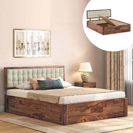 Florence Solid Wood Queen Size Box Storage Bed In Teak Finish