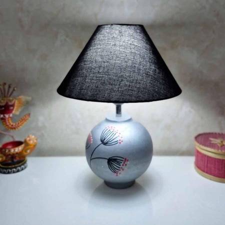 Azov Handmade & handpainted Silver colour Wooden matka lamp with Cotton Black shade