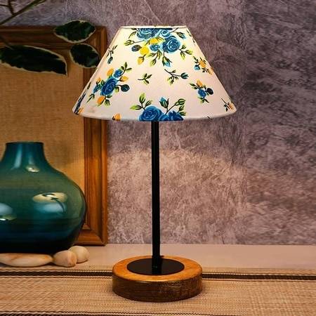 Ephraim Multicolour Fabric Shade Table Lamp with Natural Wood & Iron Base