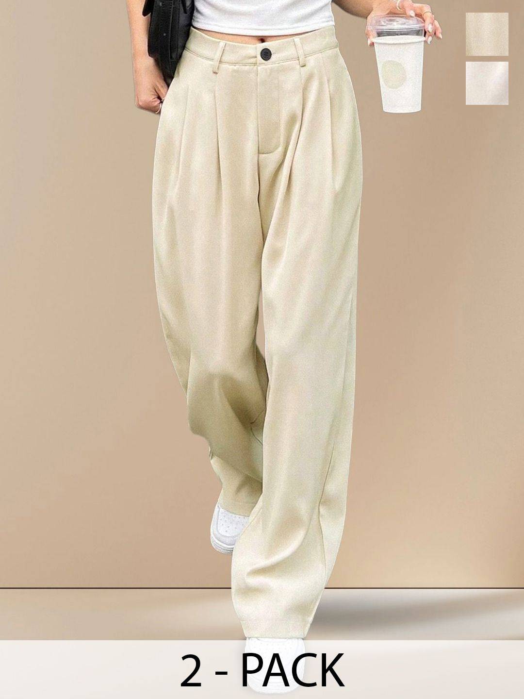 Kotty Women Textured Straight Fit High-Rise Pleated Trousers