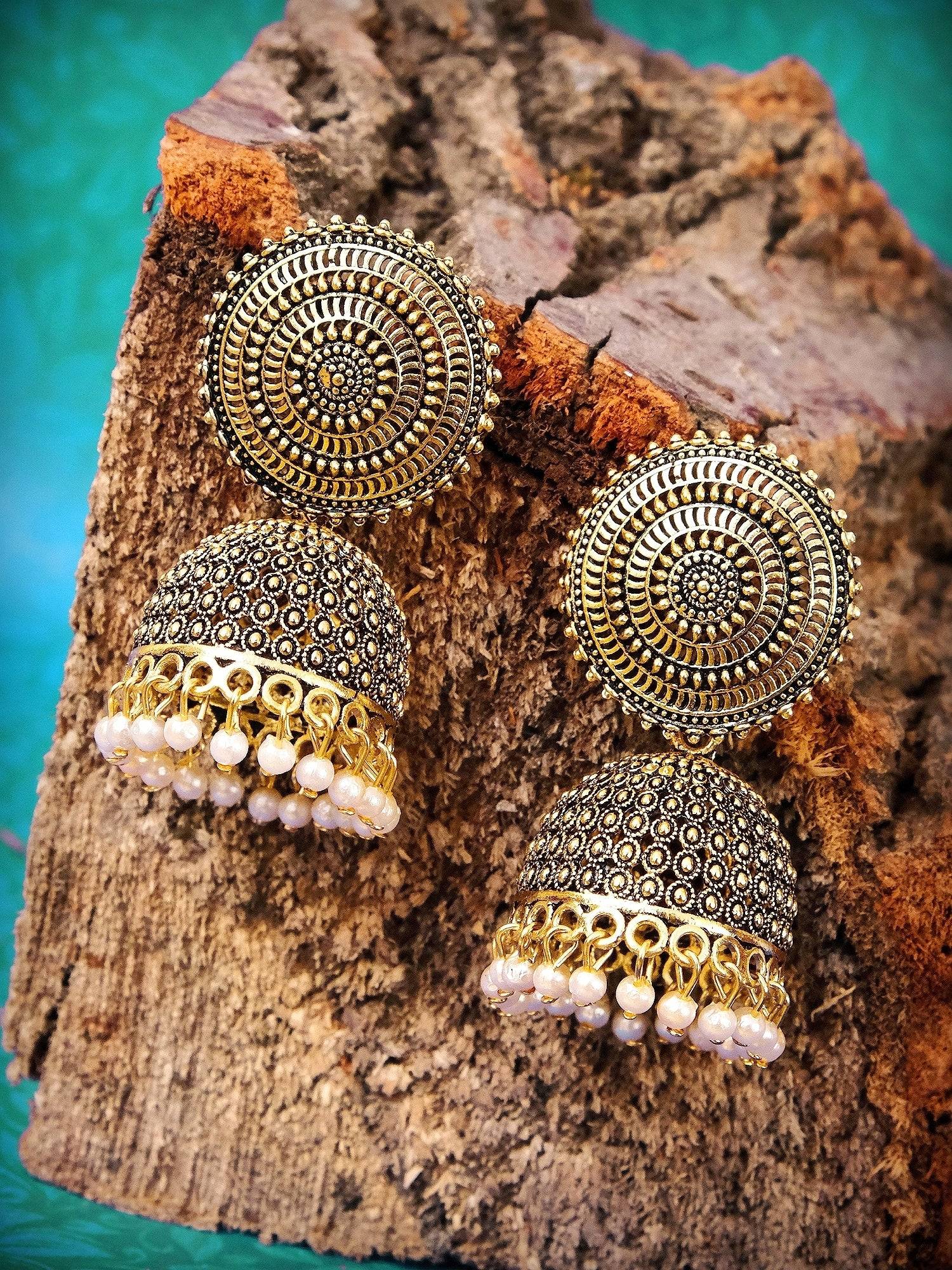 Ethnic Gold & White Jhumka Earrings for Women & Girls