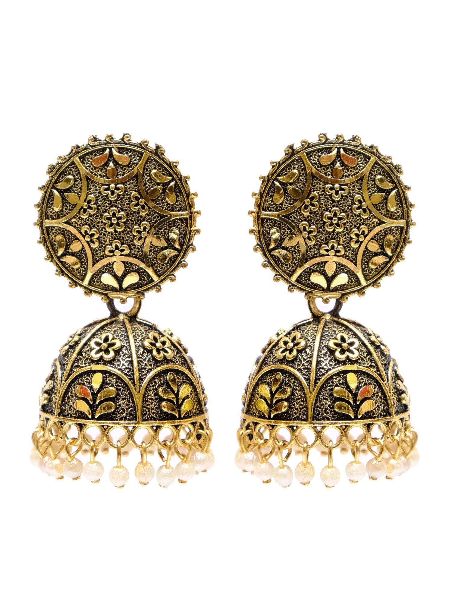 Oxidized Gold  White Pearls Drop Jhumka Jhumki Earrings