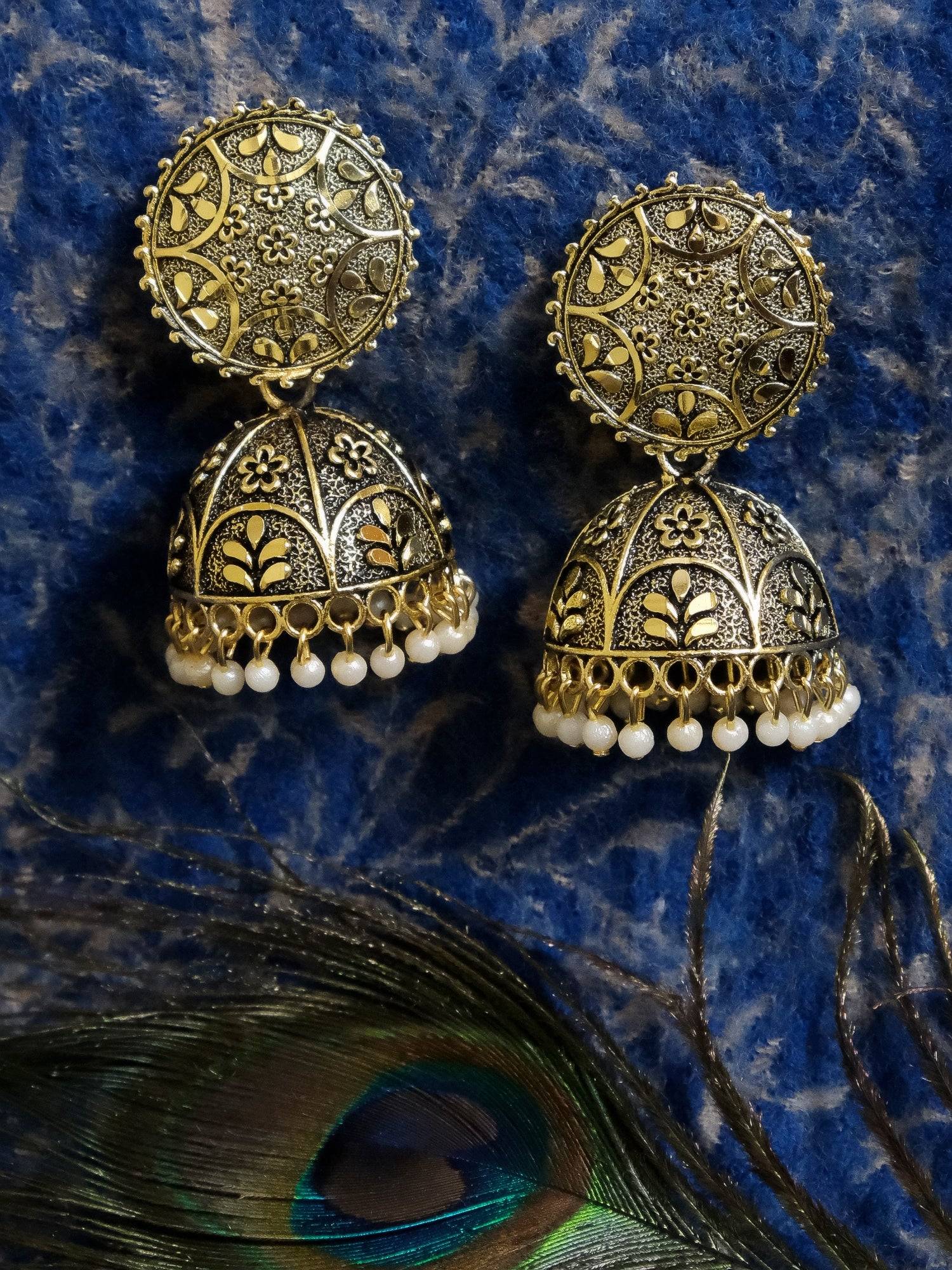 Oxidized Gold  White Pearls Drop Jhumka Jhumki Earrings