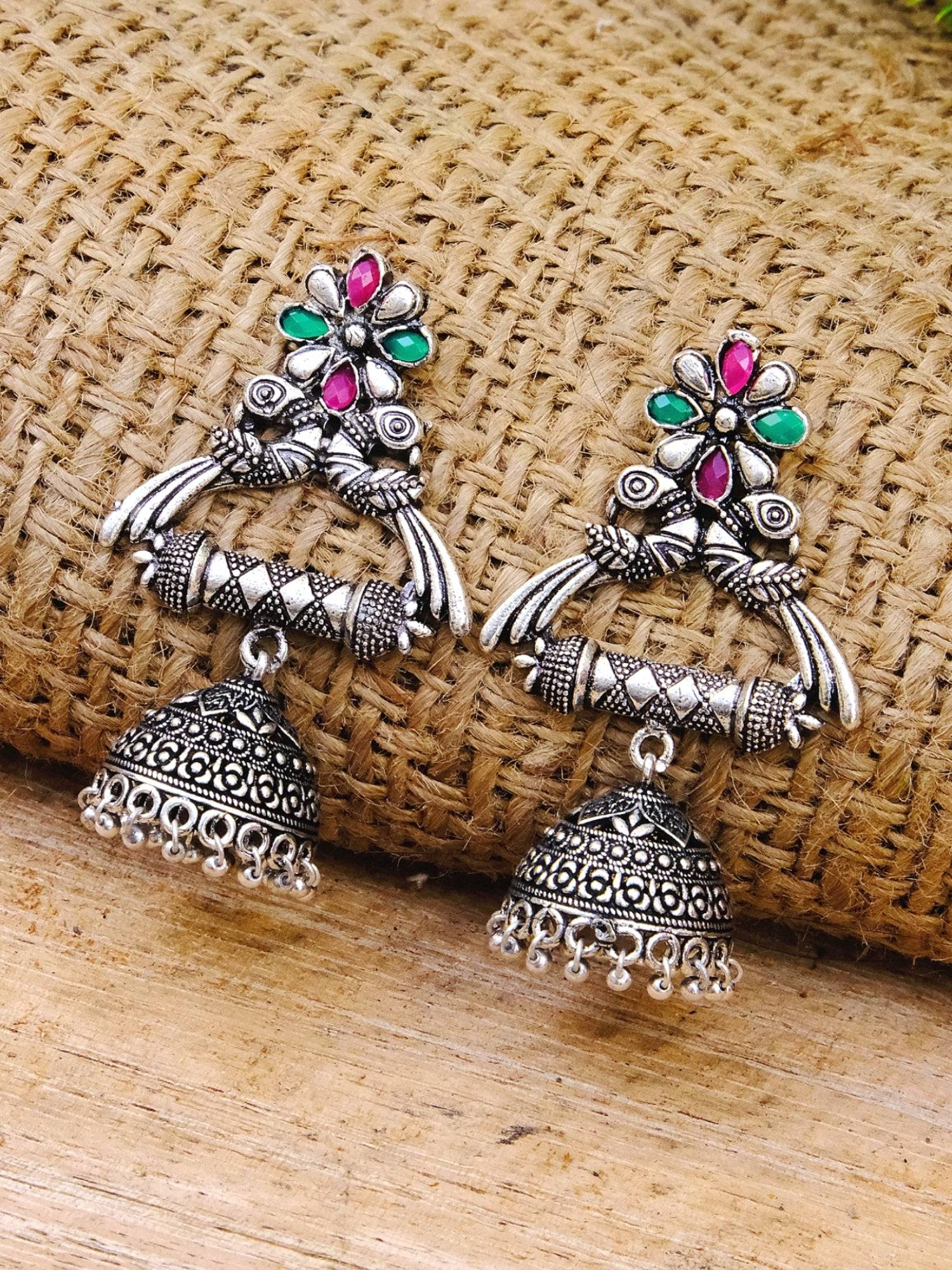 Oxidised German Silver Jhumkas: Unique Green-Pink Earrings for Girls and Women