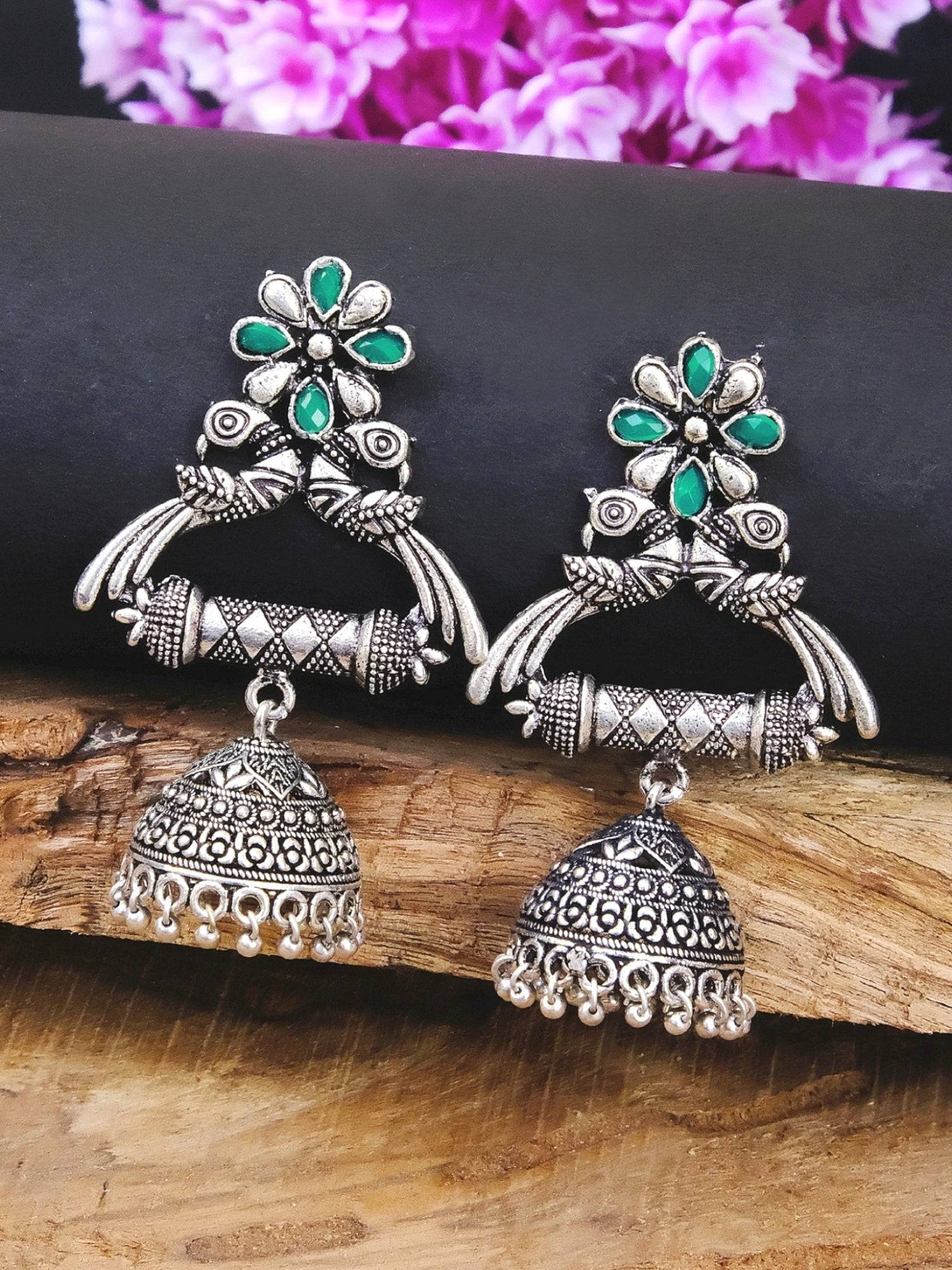 Oxidised German Silver Jhumkas: Unique Green-Pink Earrings for Girls and Women