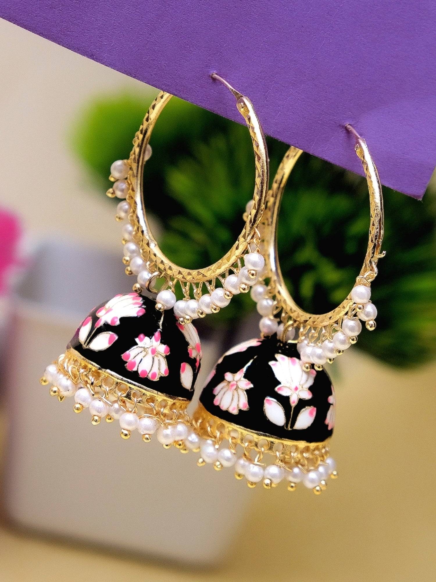 New Gold Plated Traditional Jhumka Earrings in Black Hoops Design for Women