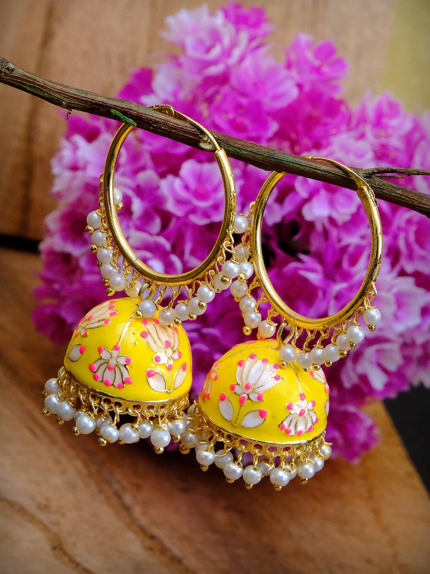 Meenakari Traditional Gold Plated Lotus Hoops Jhumka Earrings for Women