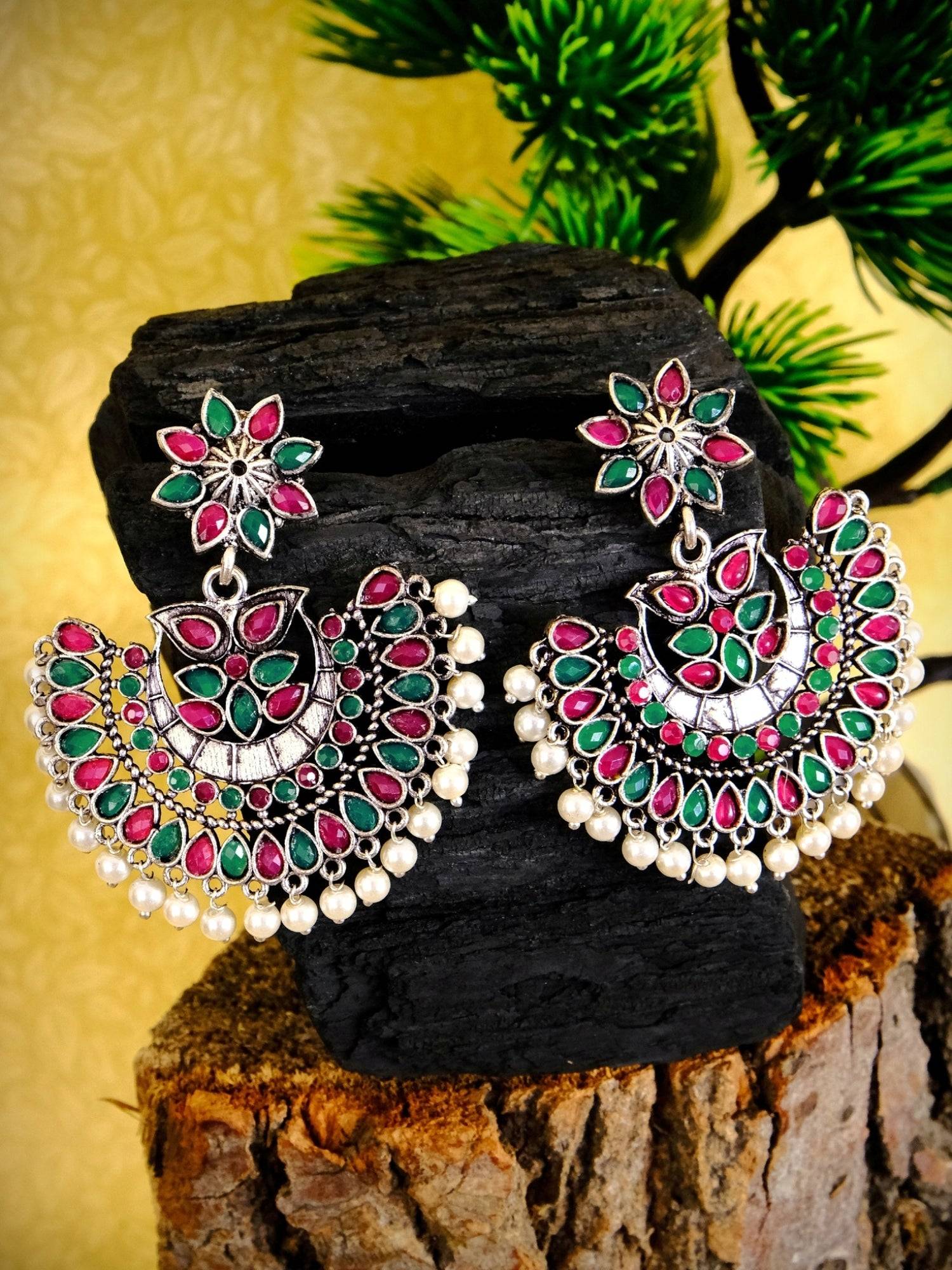 Oxidised Silver Kundan Pearl Chandbali Earrings for Women