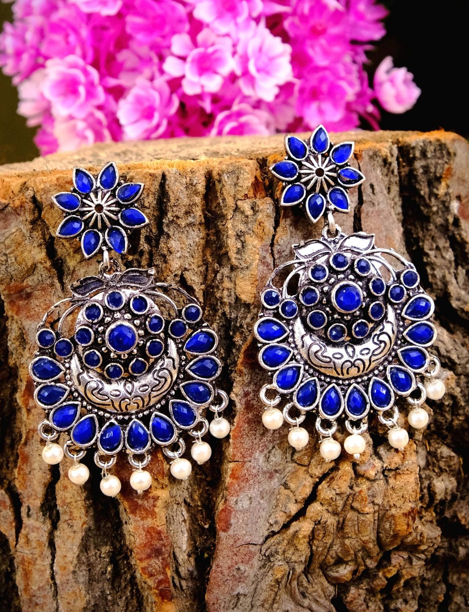 Elegance: Oxidized Silver Pearl Chandbali Dangler Earrings