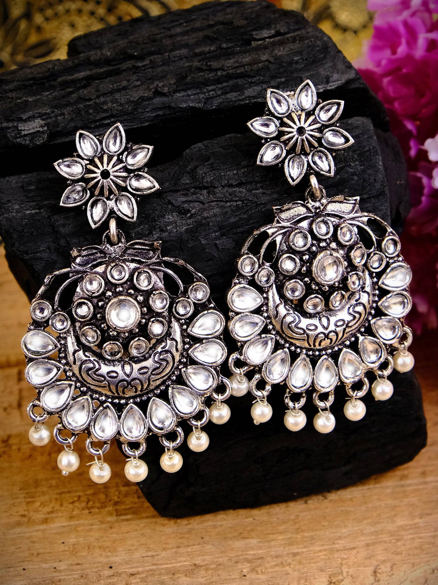 Elegance: Oxidized Silver Pearl Chandbali Dangler Earrings