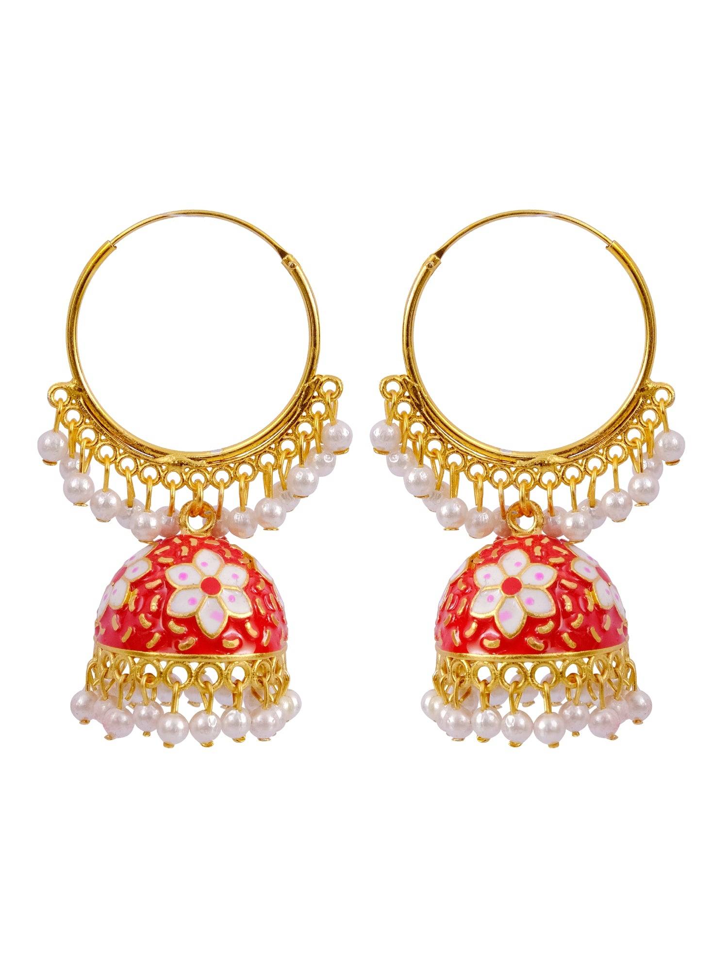 Gold Plated Kundan Flower Meenakari Hoop Jhumka with White Pearl for Women