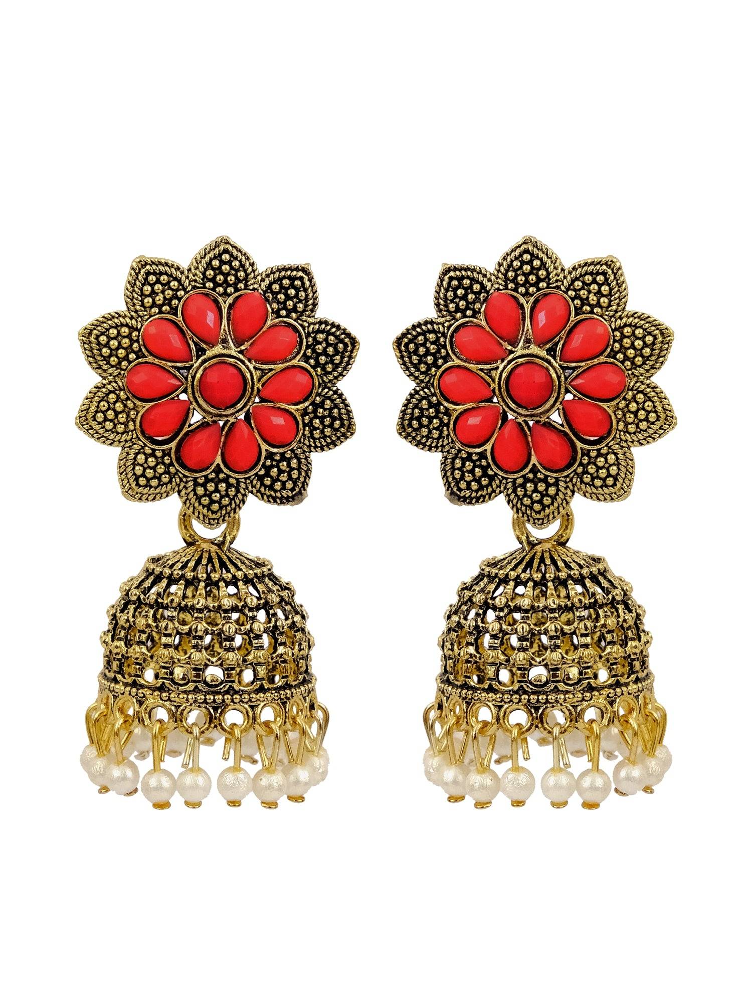 Exquisite Gold-Plated Red Floral Jhumka Earrings for Women - Especially Designed as Red Saree Jewellery