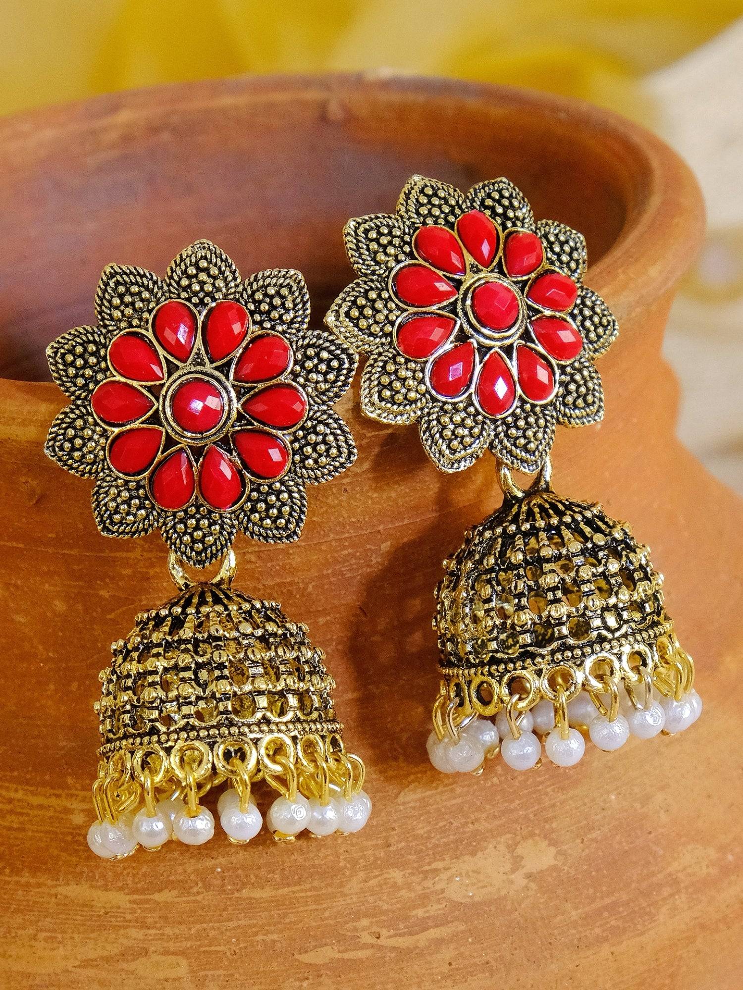 Exquisite Gold-Plated Red Floral Jhumka Earrings for Women - Especially Designed as Red Saree Jewellery