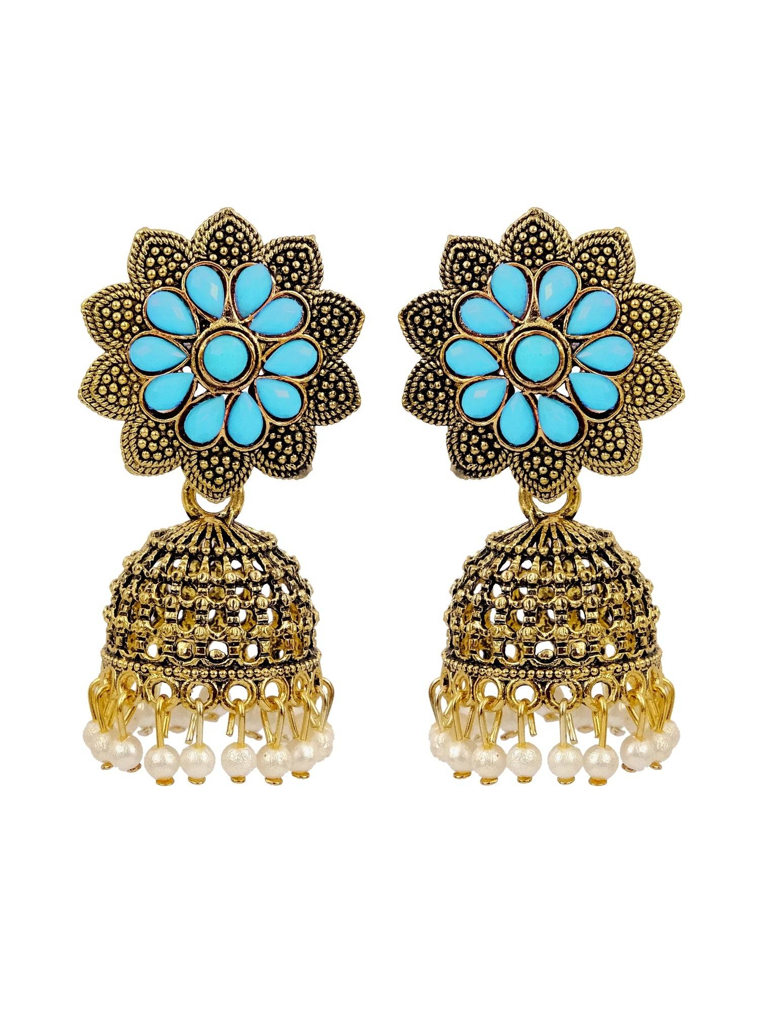 Traditional Gold Plated Blue Kundan Jhumka Earrings for Women with Pearls