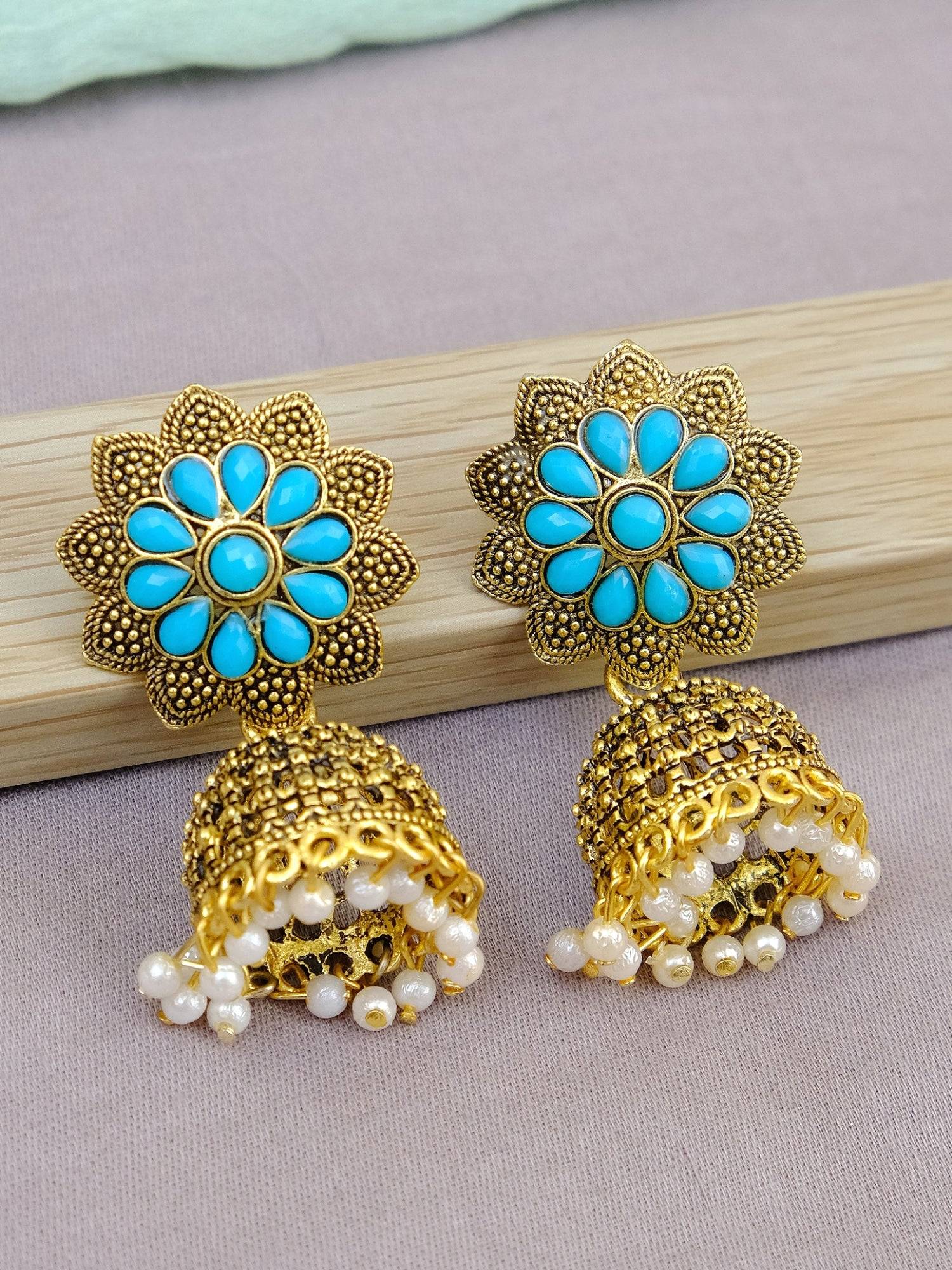 Traditional Gold Plated Blue Kundan Jhumka Earrings for Women with Pearls
