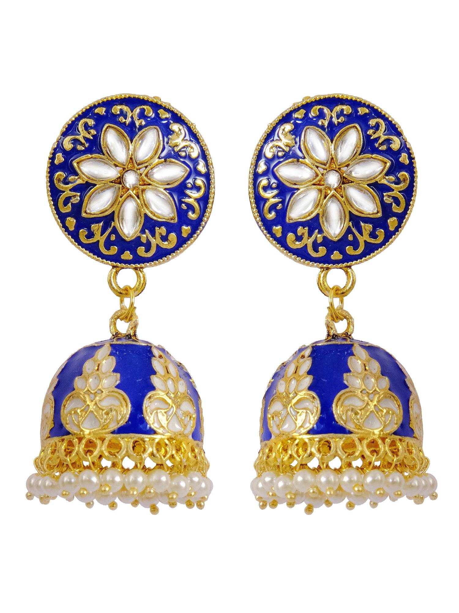 Traditional Gold Plated Jhumka Earrings with Blue Meenakari Enamel & Kundan Floral Design