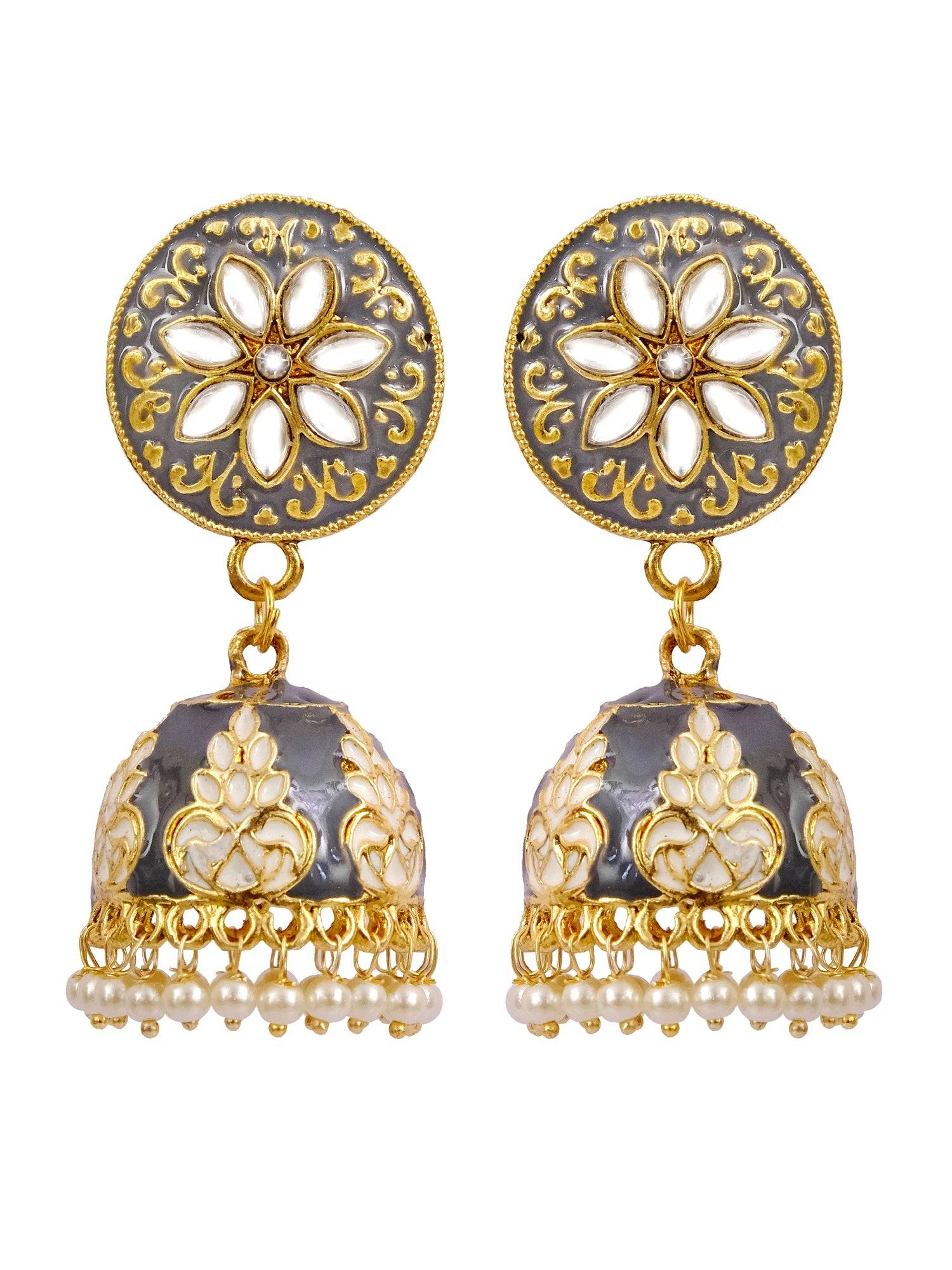 Traditional Gold Plated Grey Meenakari Enamel Floral Kundan Earrings - Sophisticated Jhumka Design