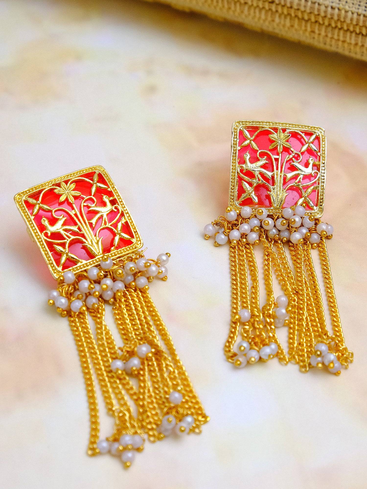Traditional Dangler Red Chain Earrings with White Pearls for Pink Saree