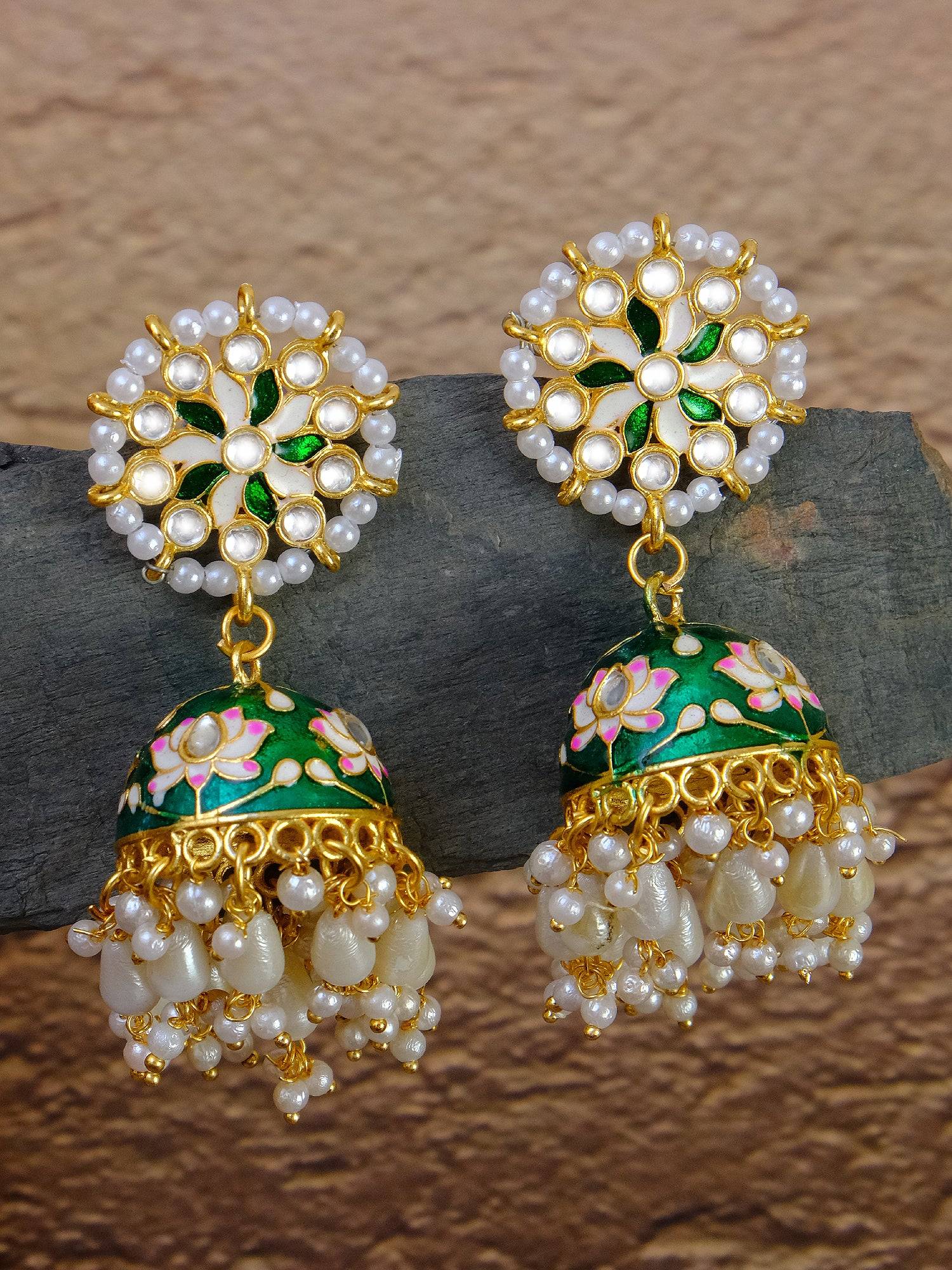 Elegant Meenakari Gold Plated Green Jhumka Earrings for Women - Perfect Matching Jewellery for Green Saree