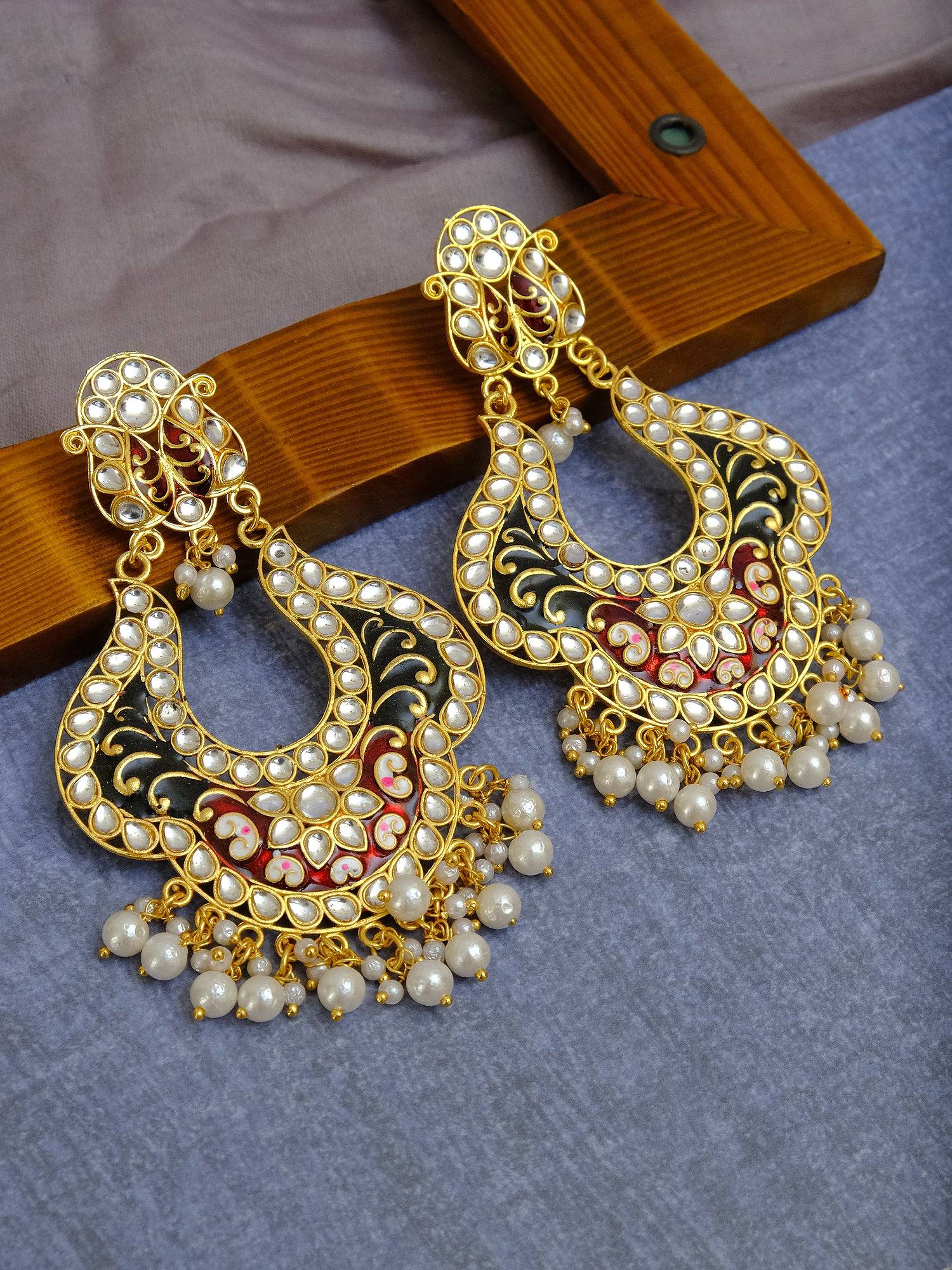 Women's Royal Gold Plated Kundan Meenakari Long Dangler Stone Earrings