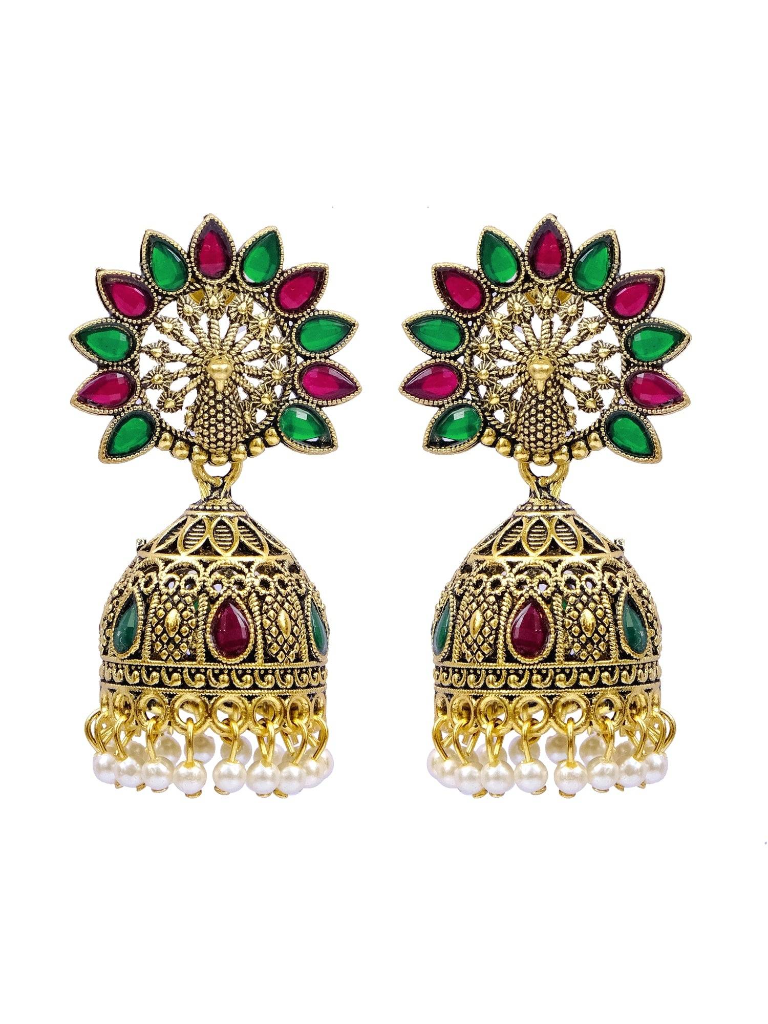 Gold-Plated Peacock Jhumka Earrings for Women with Multicolor Design