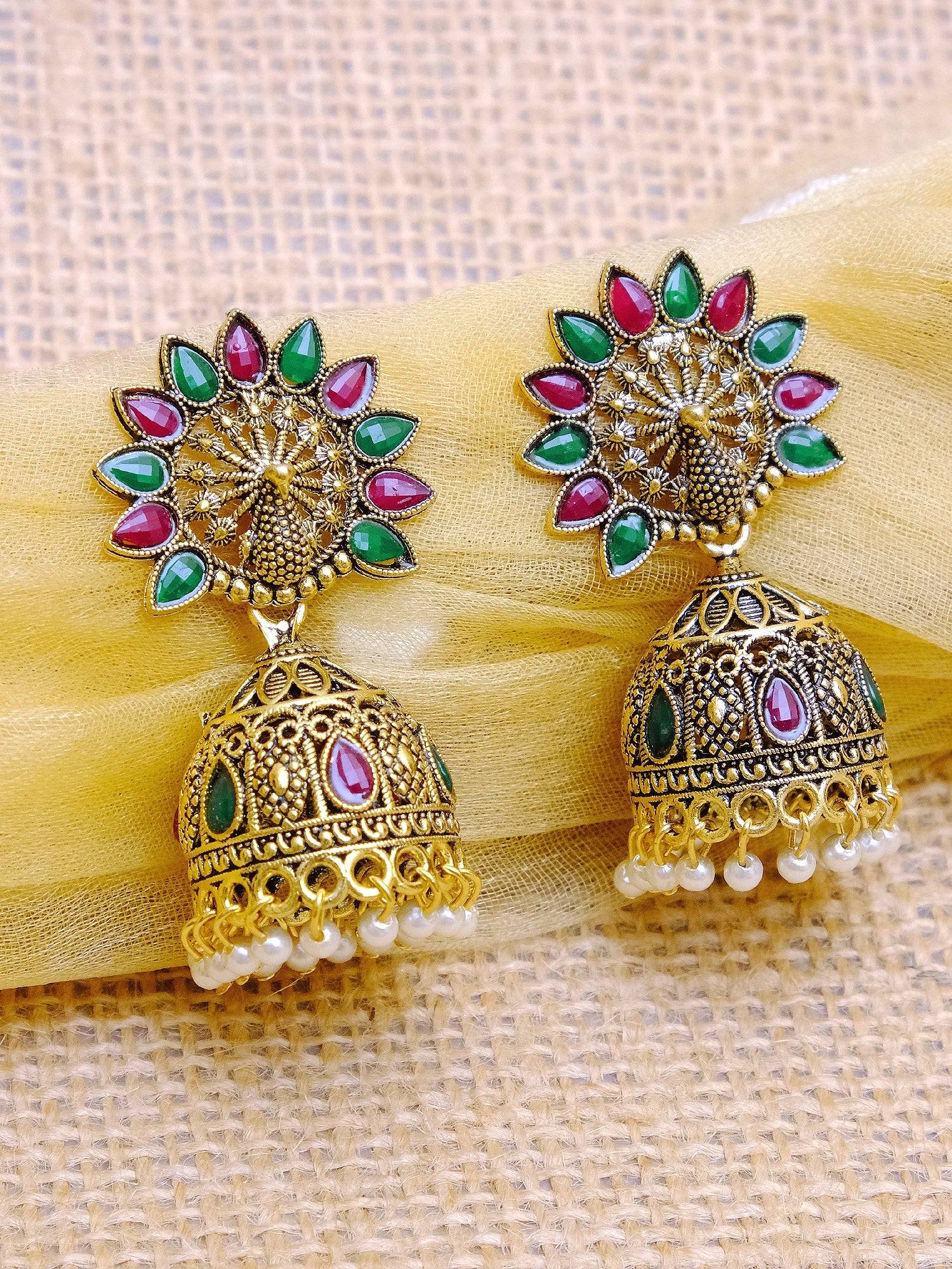Gold-Plated Peacock Jhumka Earrings for Women with Multicolor Design
