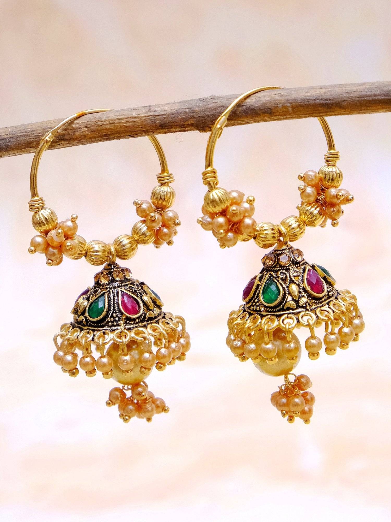 Luxurious Gold-Plated Hoop Earrings with Jhumka & Pearls for Women