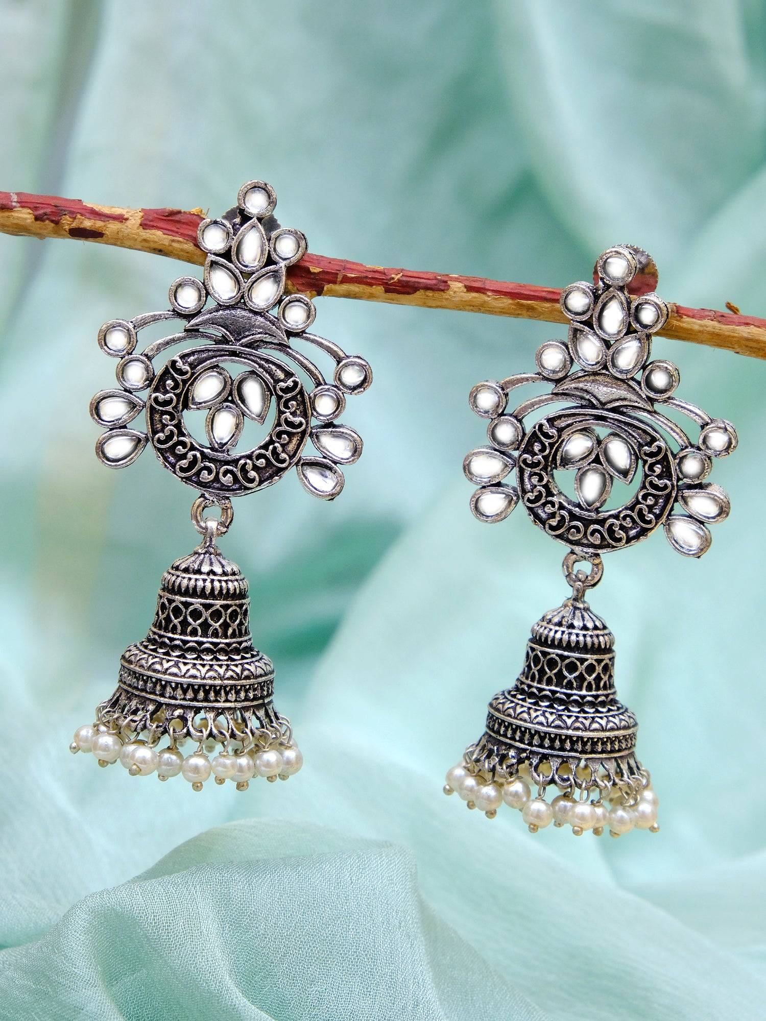 Oxidised German Silver Meenakri Floral Jhumka Earrings with Pearls for Women
