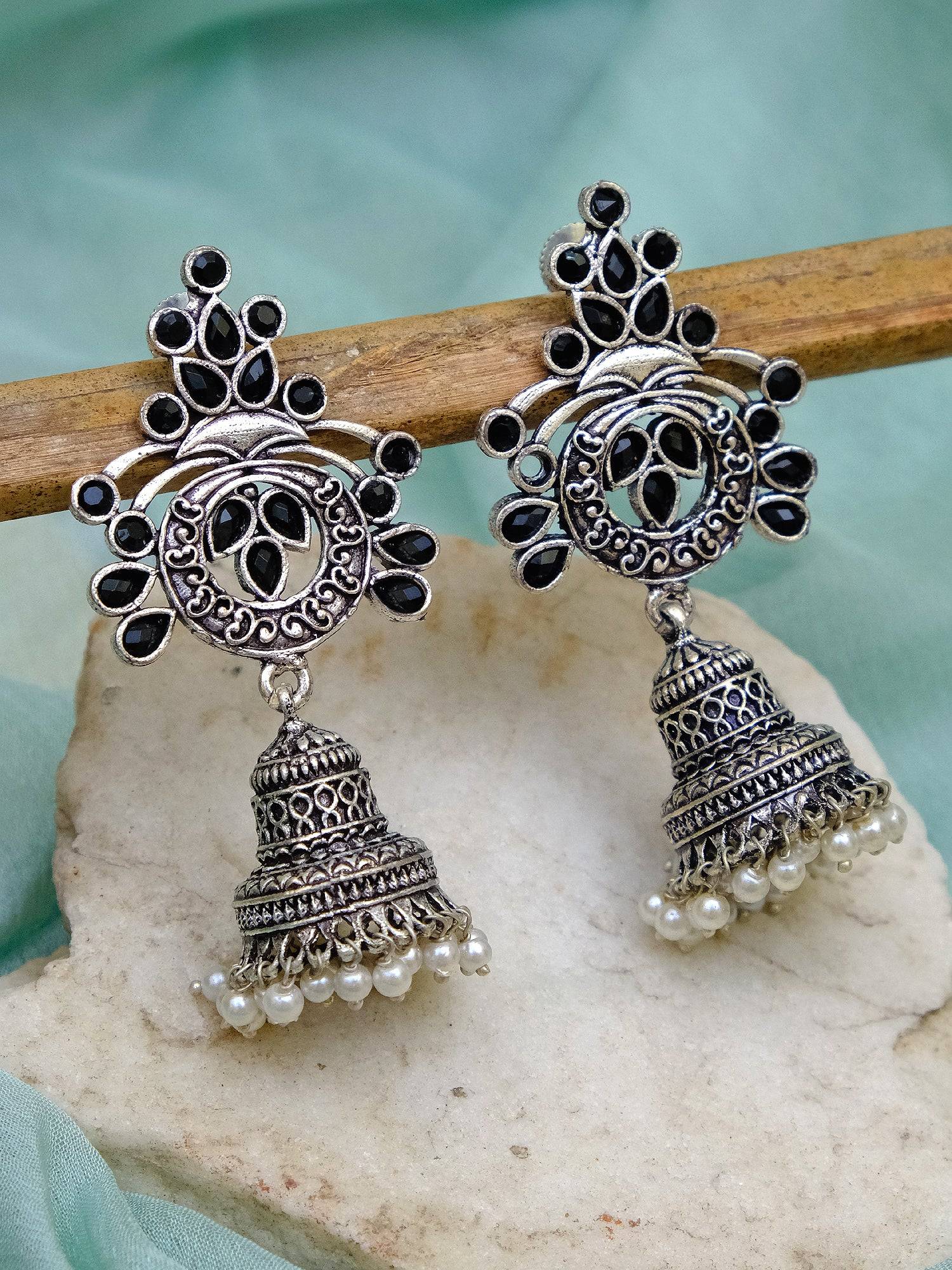 Oxidised German Silver Meenakri Floral Jhumka Earrings with Pearls for Women