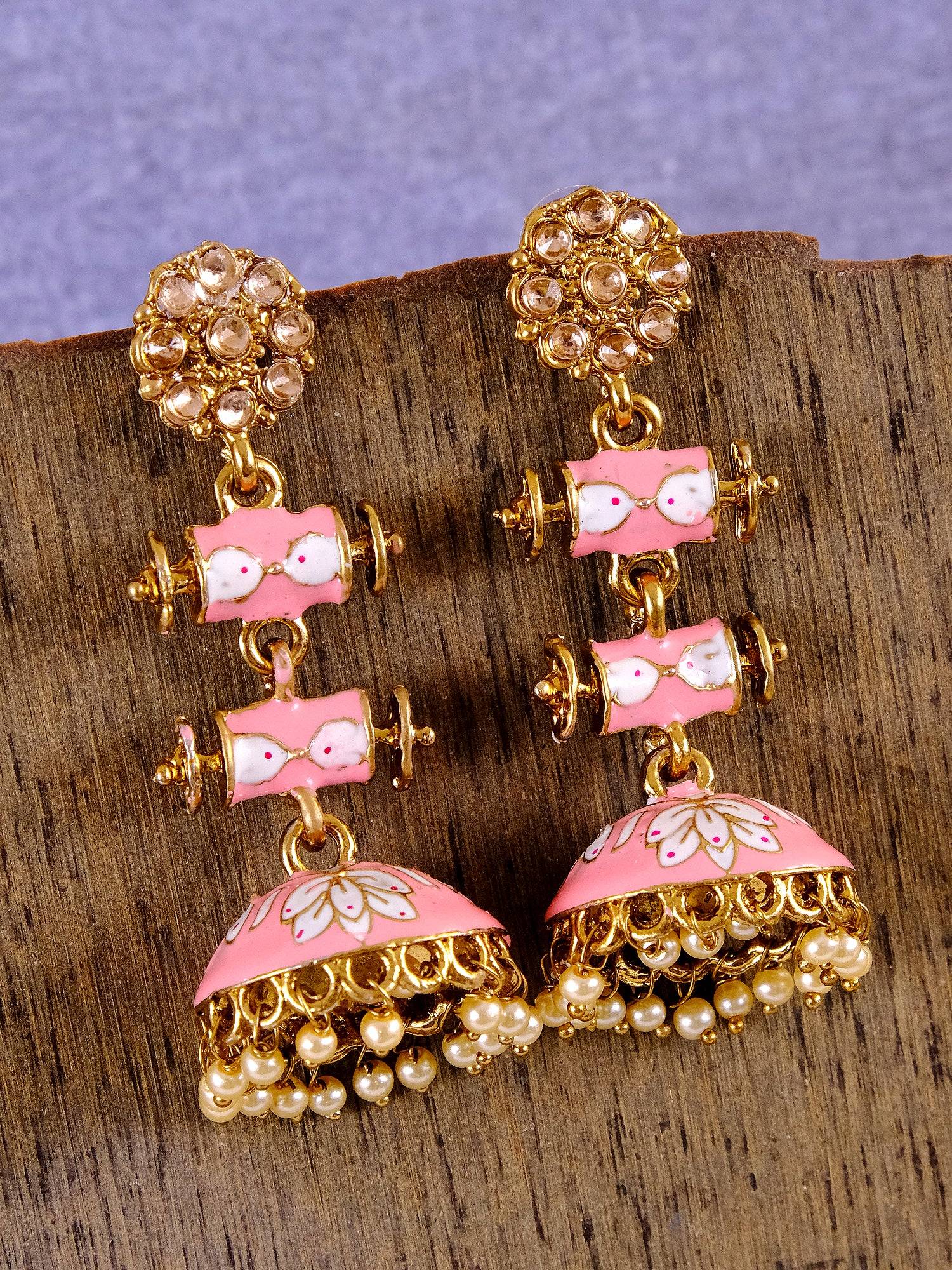 Long Gold Plated Royal Rajasthani Double Step Pink Layered Meenakari Kundan Jhumka Earrings