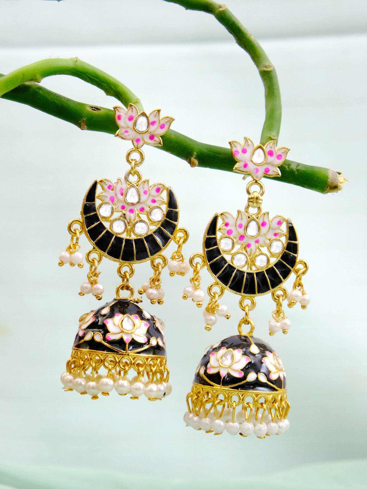 Lustrous Gold-Plated Lotus Danglers: Meenakari Black Jhumka Earrings