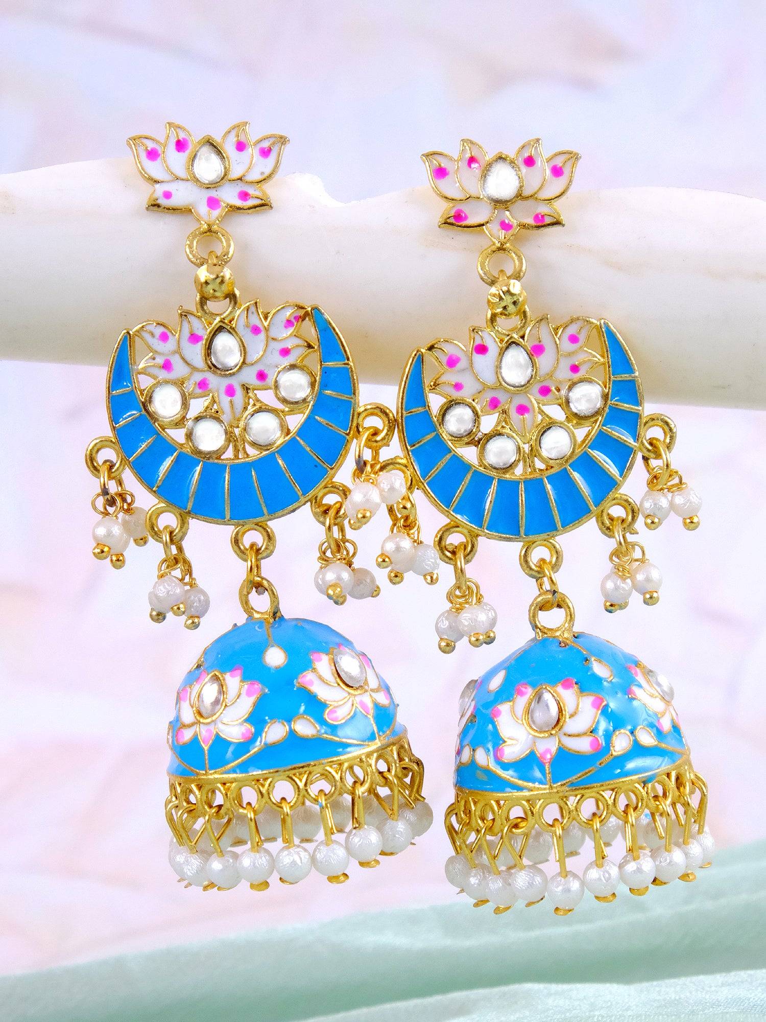 Gold-Plated Lotus Style Aqua Blue Meenakari Jhumka Earrings