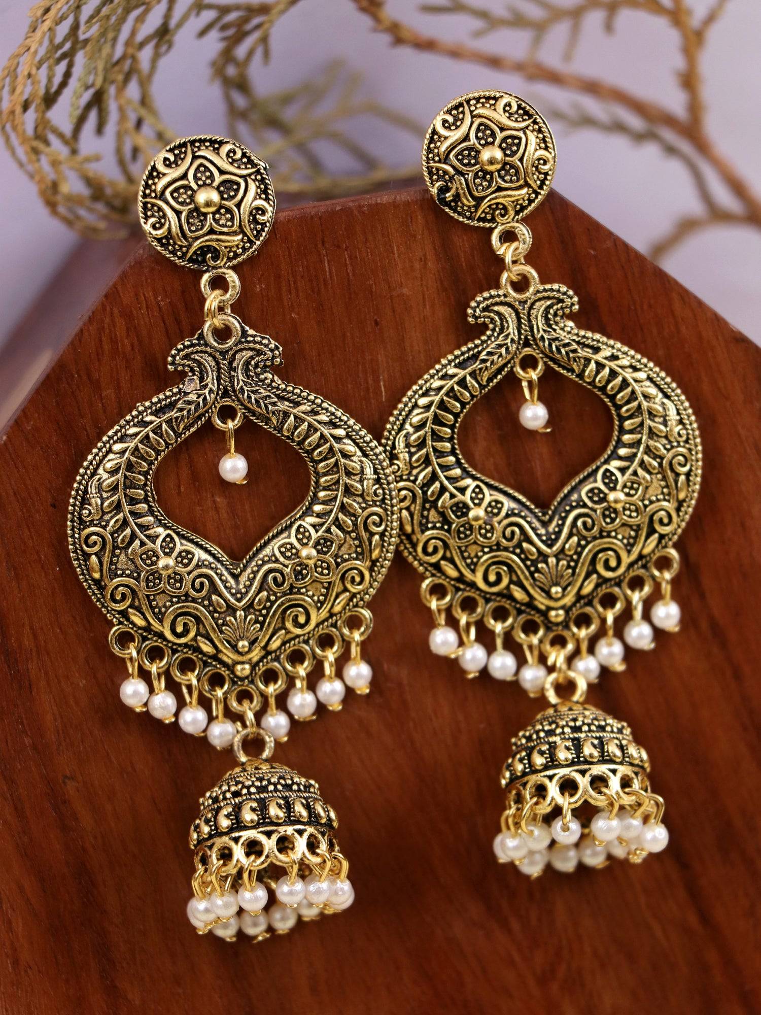Traditional Antique Gold-Plated Jhumka Earrings with White Pearls