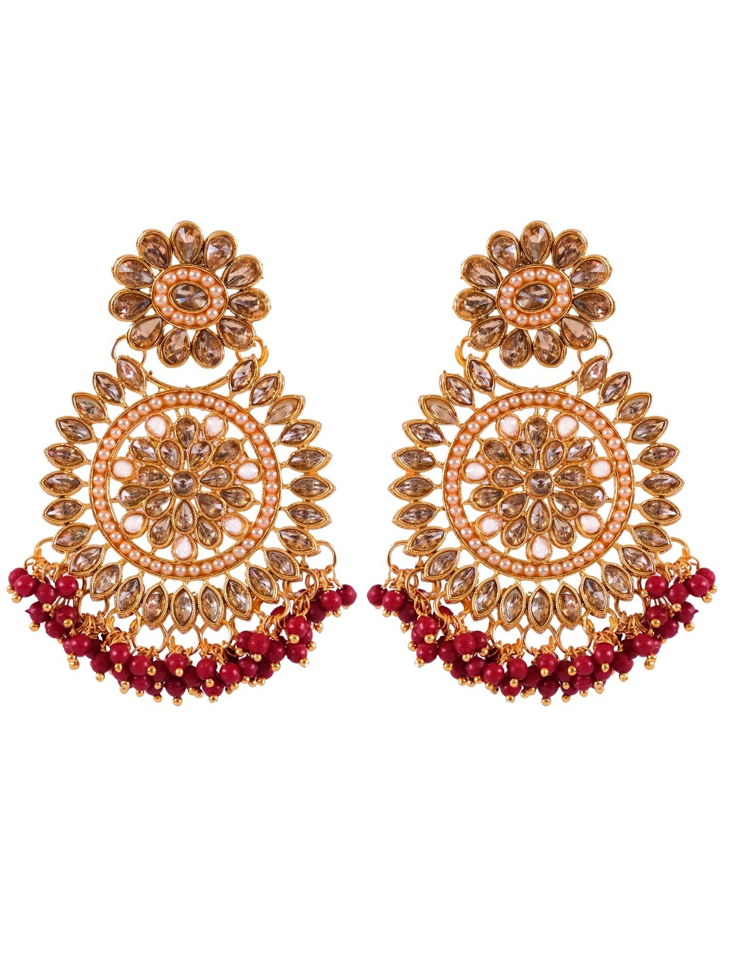 Elegant Gold-Plated Floral Kundan Earrings with Maang Tika Set for Women, Red Pearls, Long Danglers Style