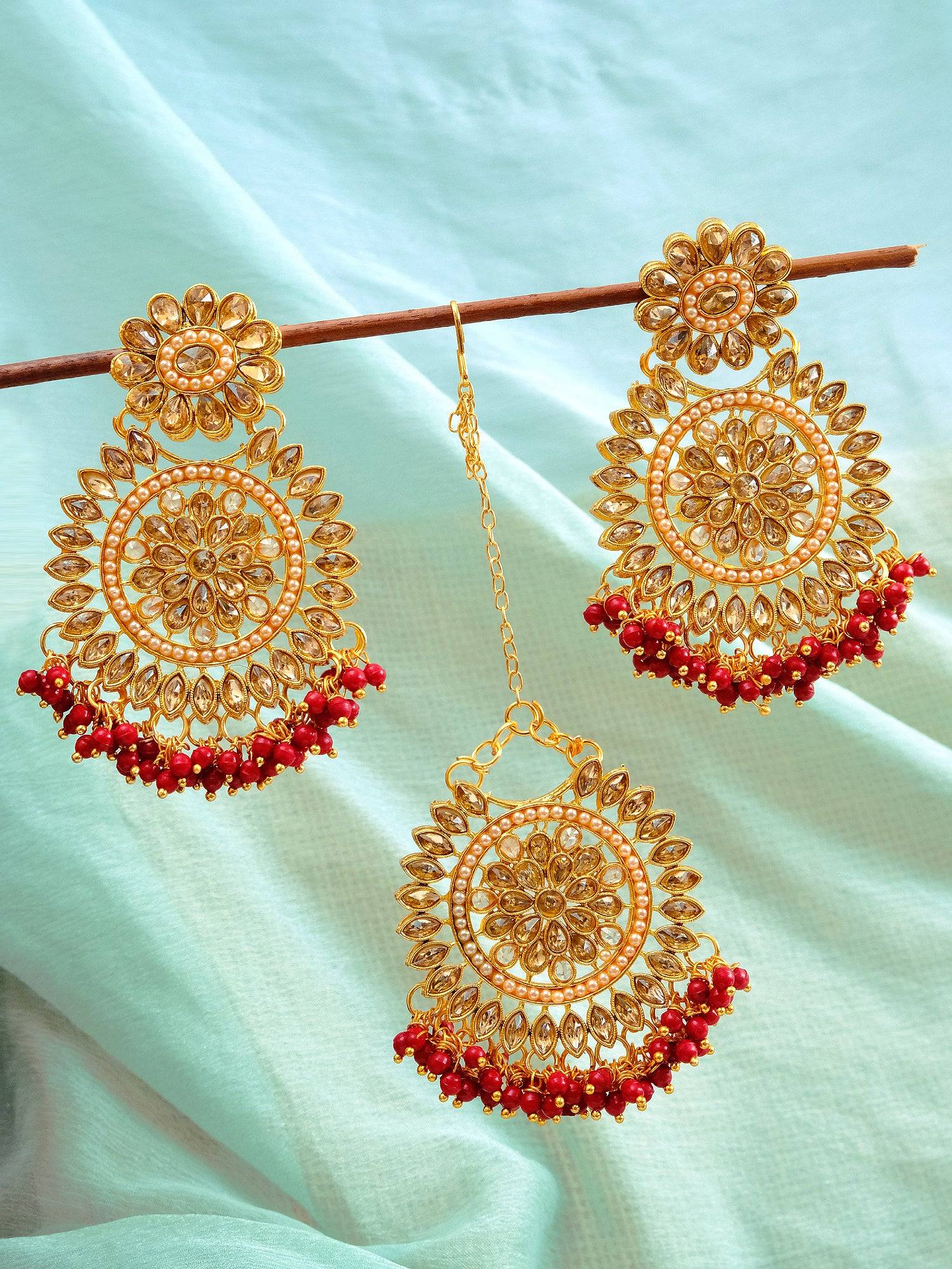 Elegant Gold-Plated Floral Kundan Earrings with Maang Tika Set for Women, Red Pearls, Long Danglers Style