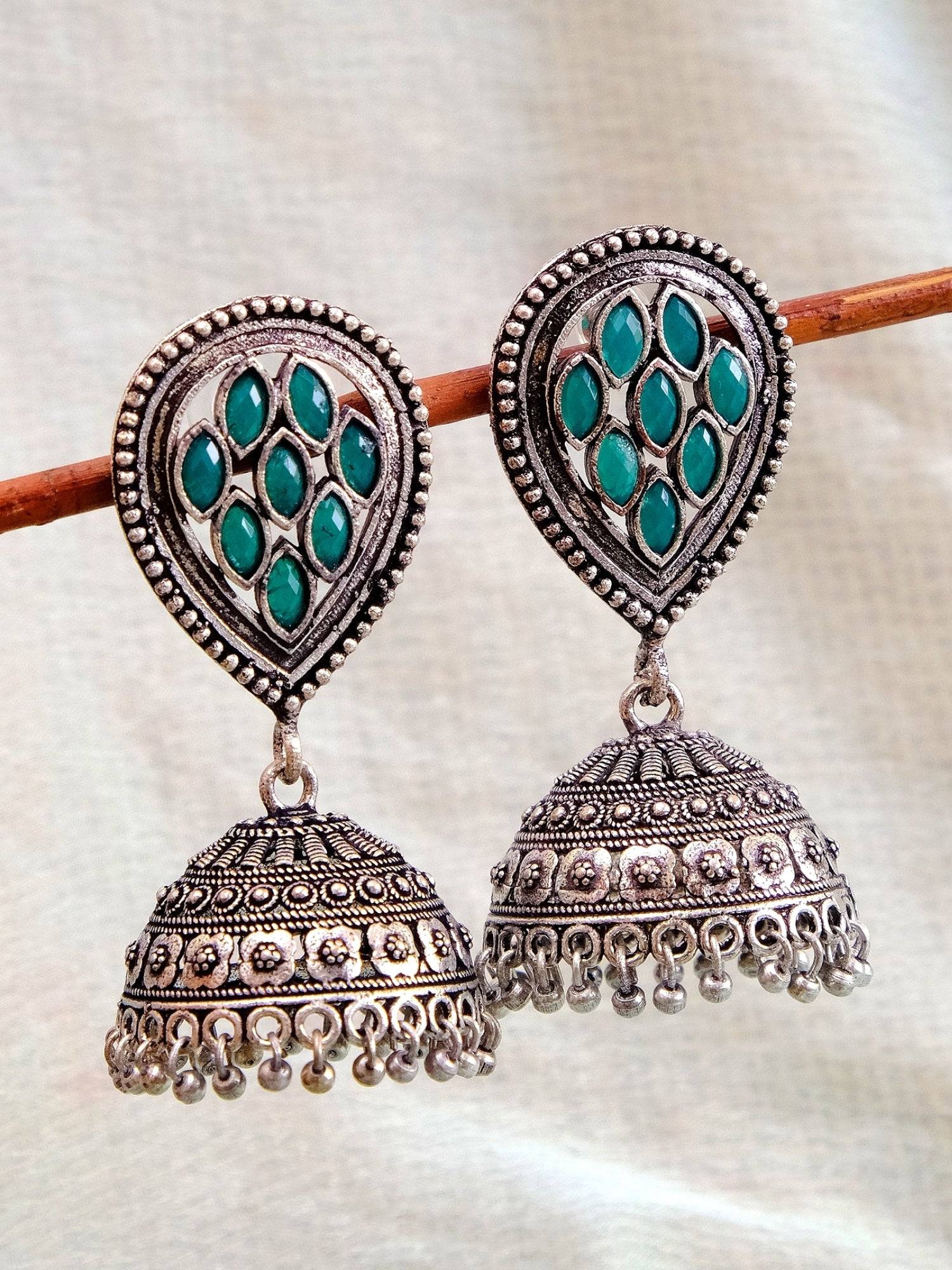 Oxidised German Sliver Green Jhumka Earrings for Women