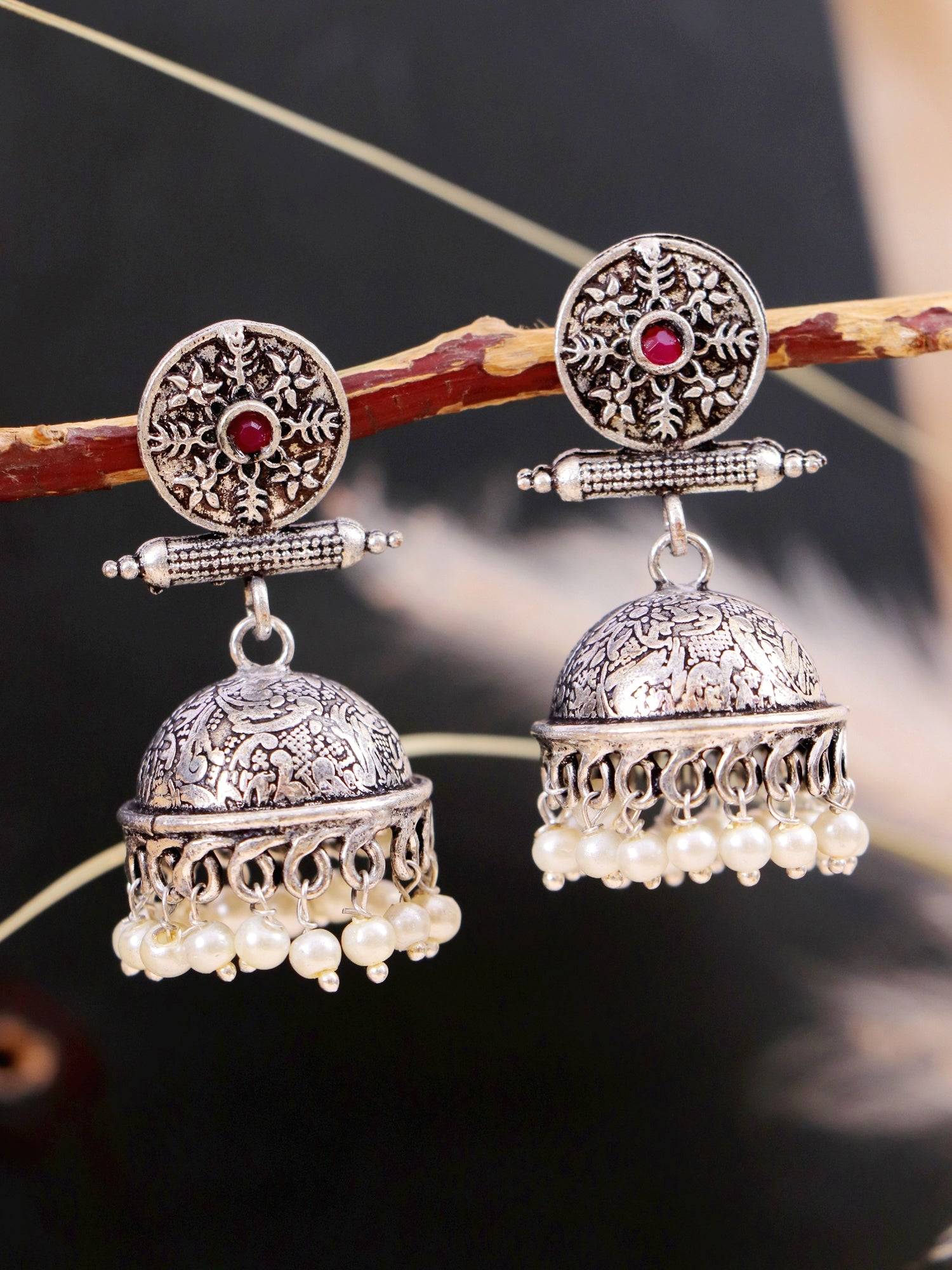 Fancy Antique Oxidized Round Pearl Earrings Designer Jhumka