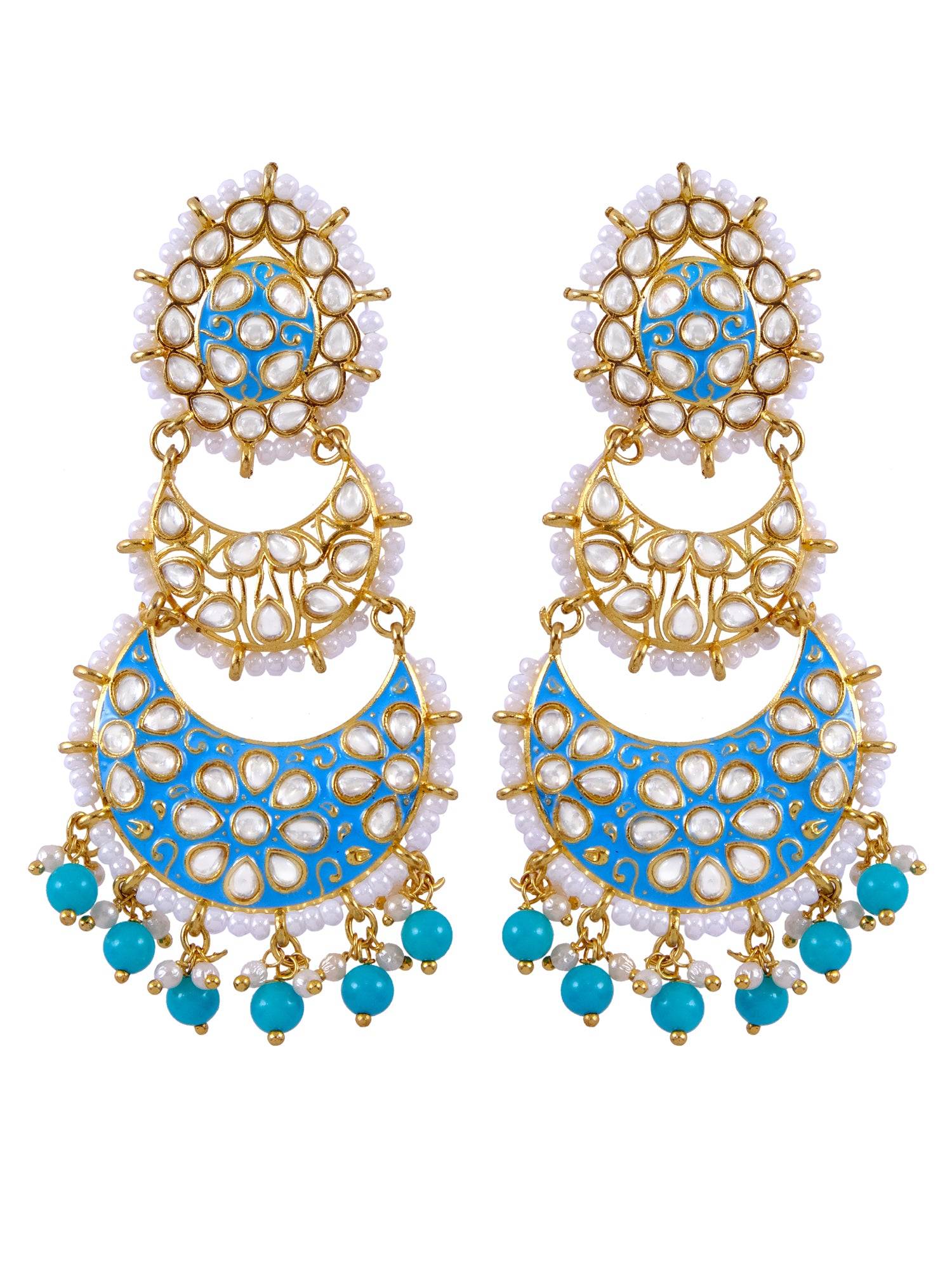 Crunchy Fashion Sky Blue Meenakari Pearl Chandbali Dangler Earrings