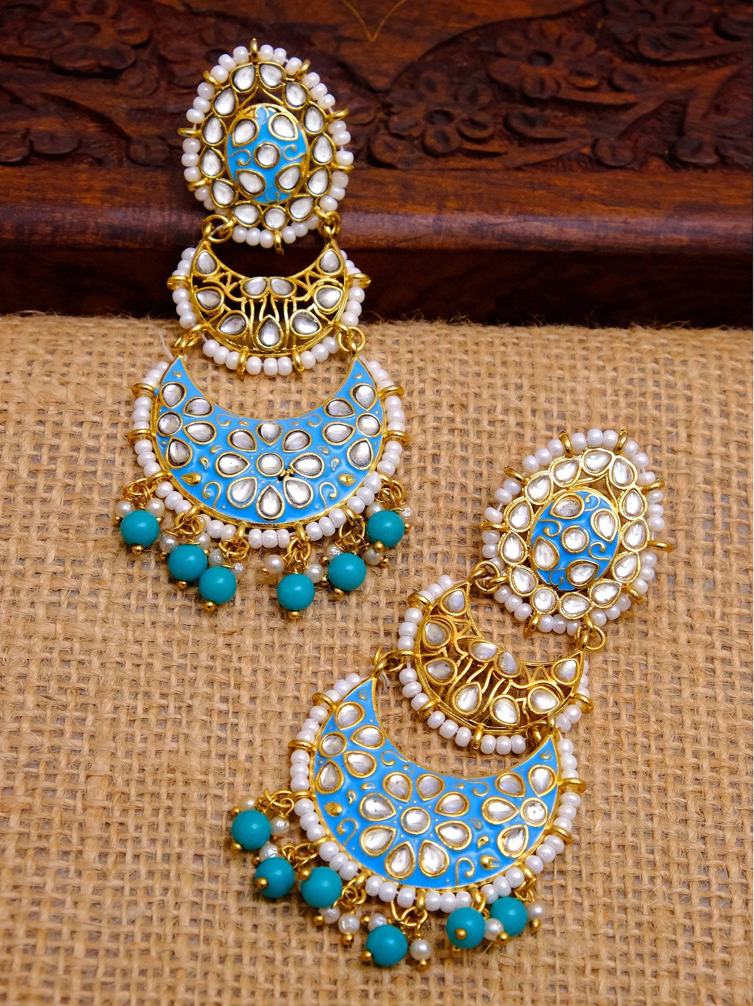 Crunchy Fashion Sky Blue Meenakari Pearl Chandbali Dangler Earrings