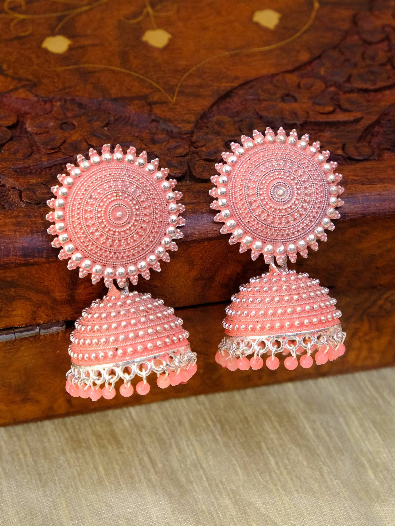 Silver Plated, Traditional Round Jhumka Earrings for Women in Yellow Design