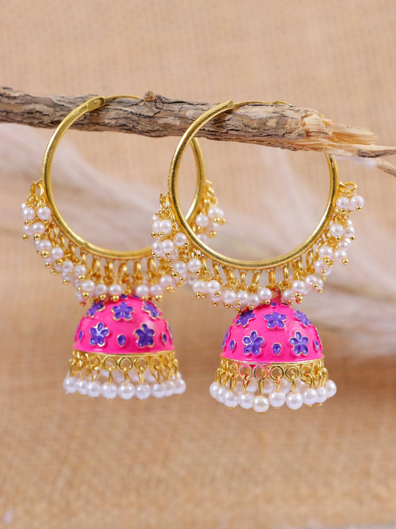 Stunning Gold Jhumka Earrings for Women with Traditional Pink Kundan Studding