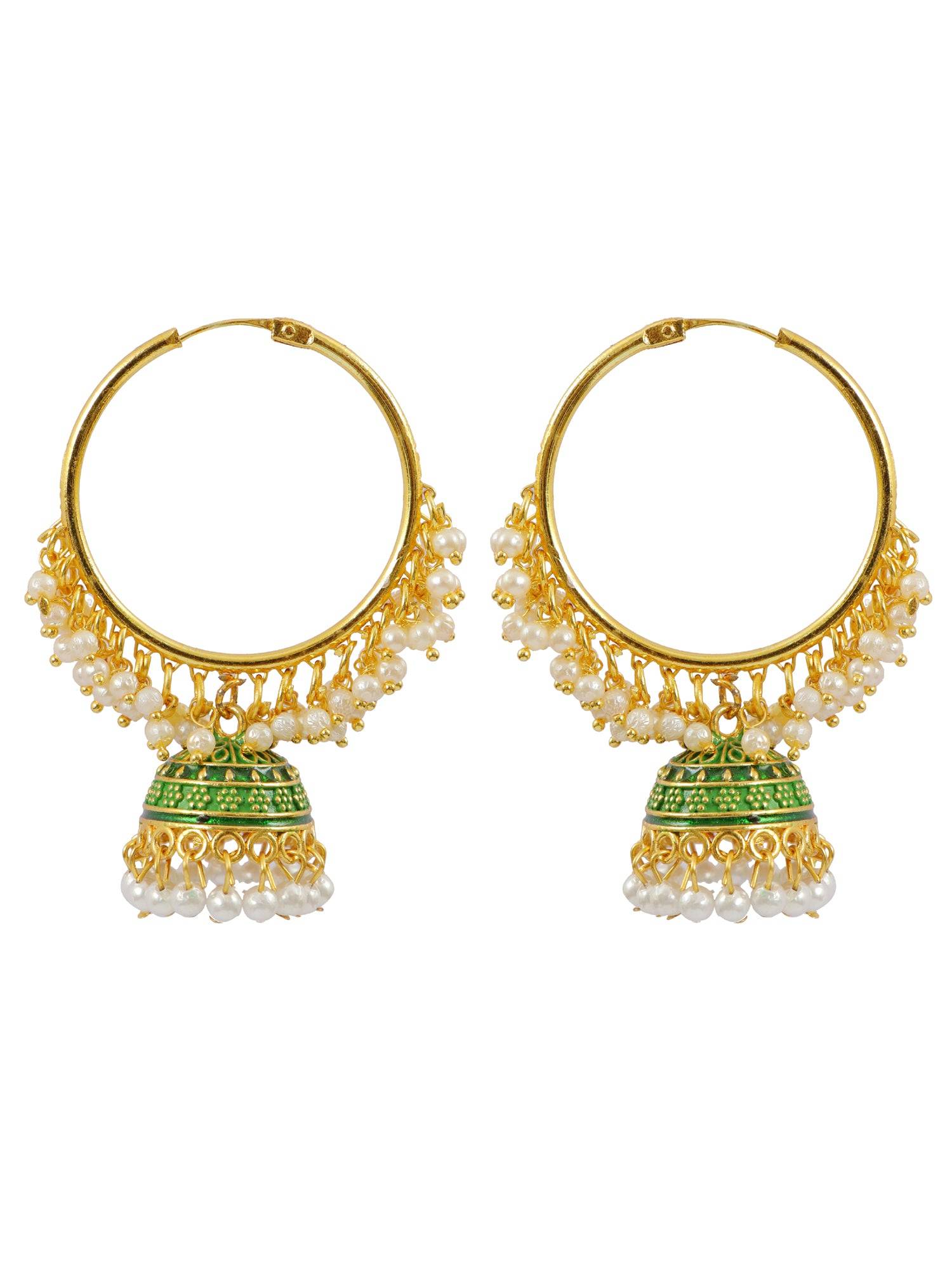 Ethnic Gold Plated Green Hoop Jhumka Earrings with Pearls for Women and Girls