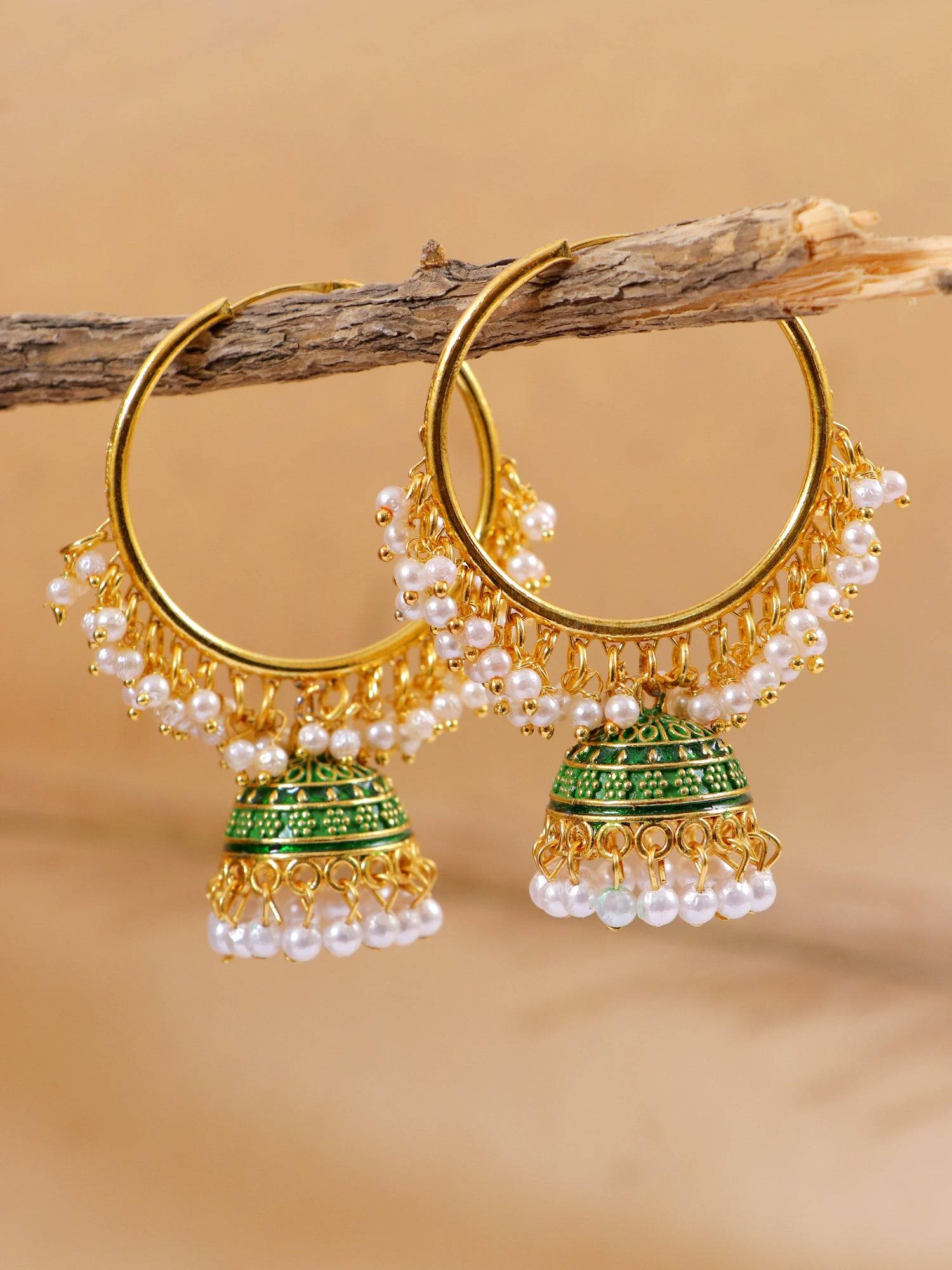 Ethnic Gold Plated Green Hoop Jhumka Earrings with Pearls for Women and Girls