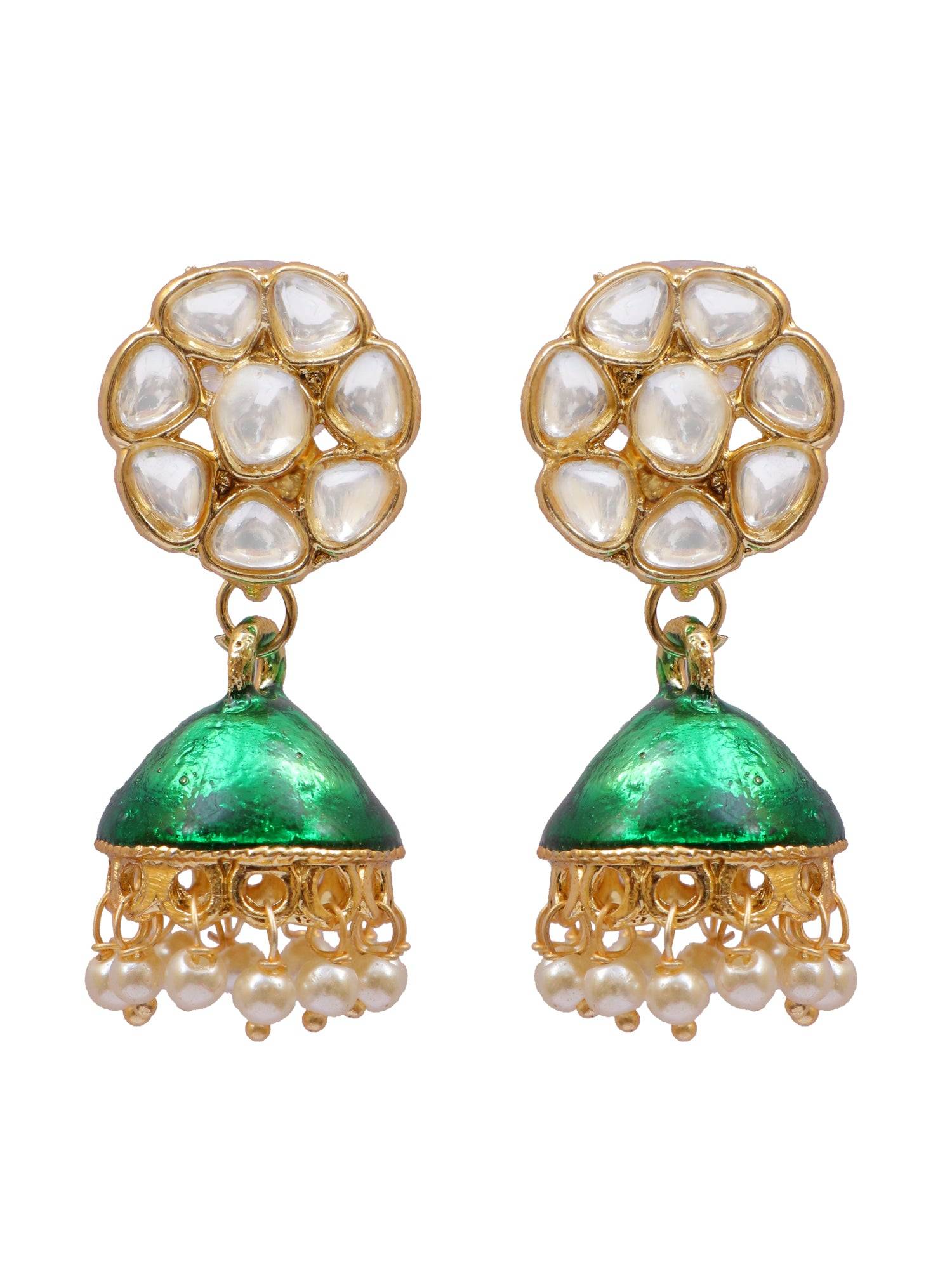 Elegant Gold-Plated Kundan Jhumka Earrings for Women in Floral Green Design