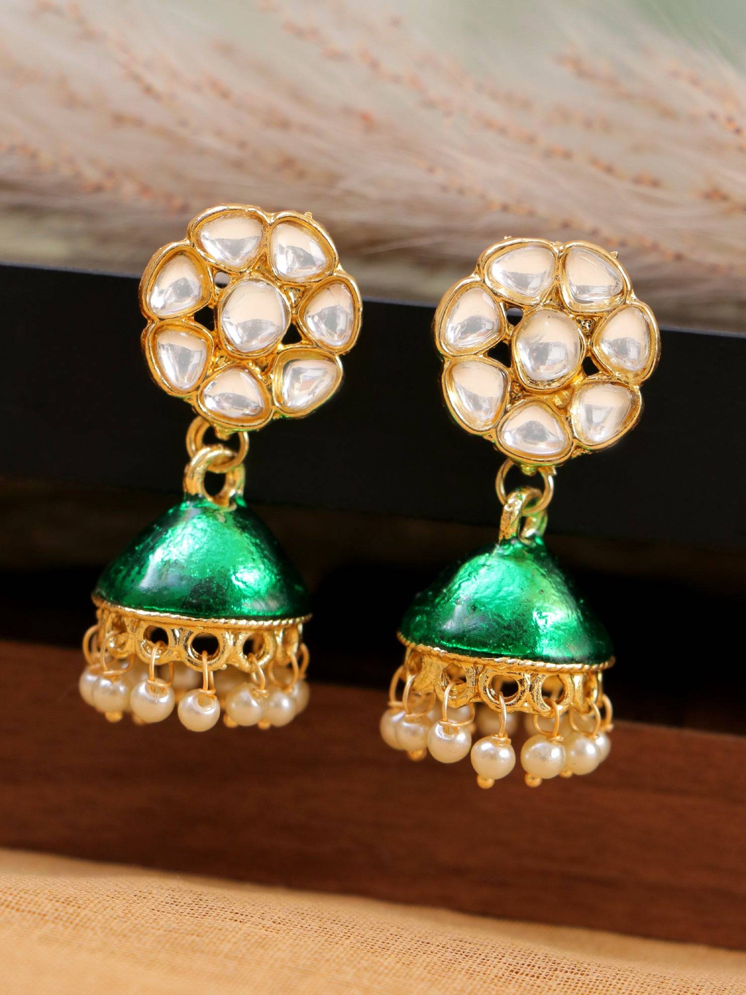 Elegant Gold-Plated Kundan Jhumka Earrings for Women in Floral Green Design