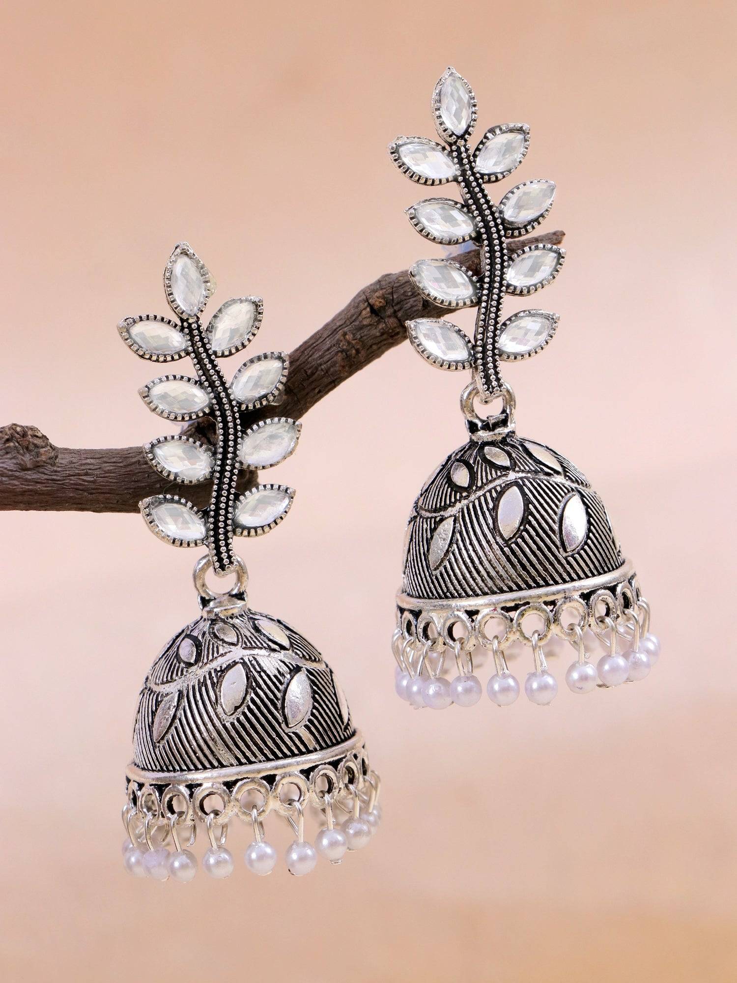 Oxidised Silver Fashionable Leaf Design Silver Oxidised Earrings for Women